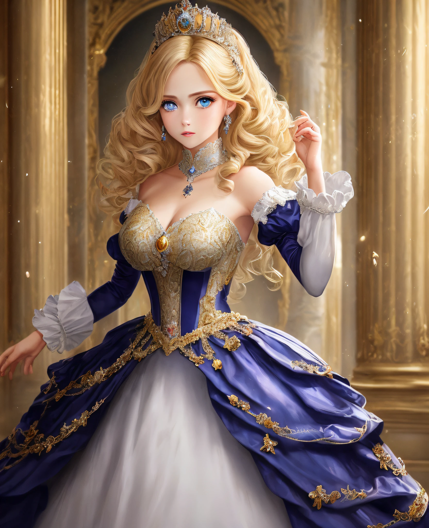best quality, ((masterpiece)), portrait, stunned and surprised blonde servant-girl is magically transformed into a princess surrounded by royal pomp and regal splendor, wearing a stately and elaborate Cinderella ballgown of white satin stiff and heavy with gold and sparkling with jewels, with (((huge puffed sleeves))), an hourglass waist, ((perfect face)), elaborately curled and coiffed blonde hair (perfect hair), blue eyes (perfect eyes)