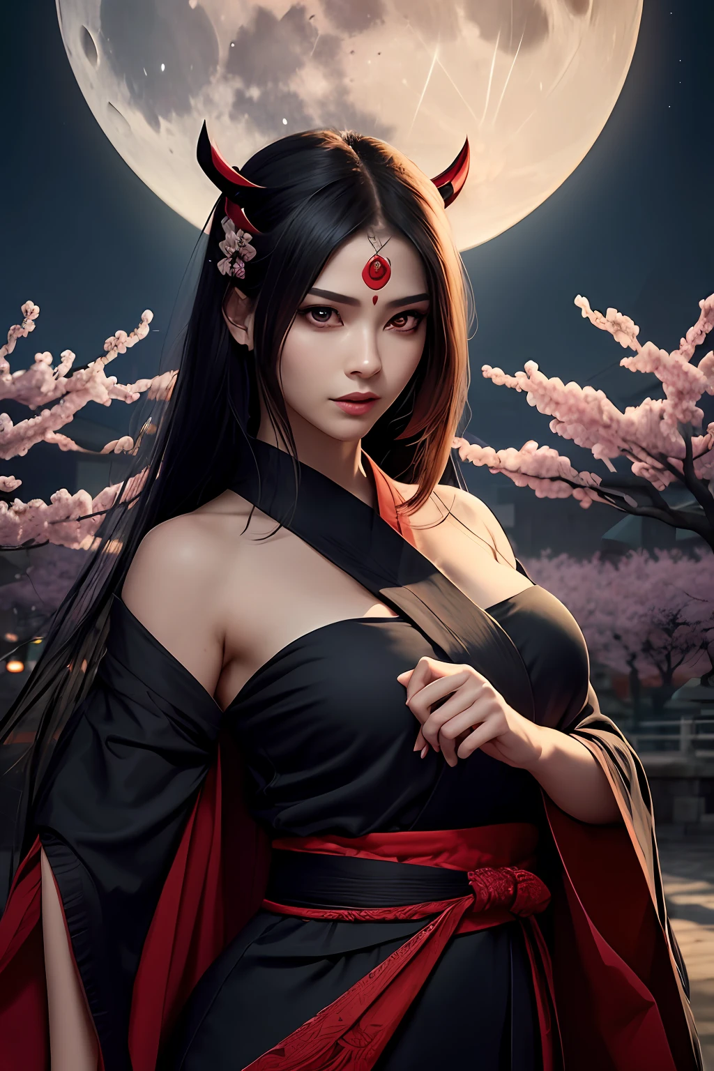 high quality fingers, normal hands, detailed fingers, masterpiece, (realistic, photo-realistic: 1.37), realistic, 1girl, long hair:1.5, black hair:1.2, red eyes:1.5, bright eyes, mortal kombat, ninja, weapons, kimono, dress,, large breasts, serene look, temple, meditation, ninja mask, cover half of face, demonic mask, reflection, moonlight, moon, cherry blossom, swords