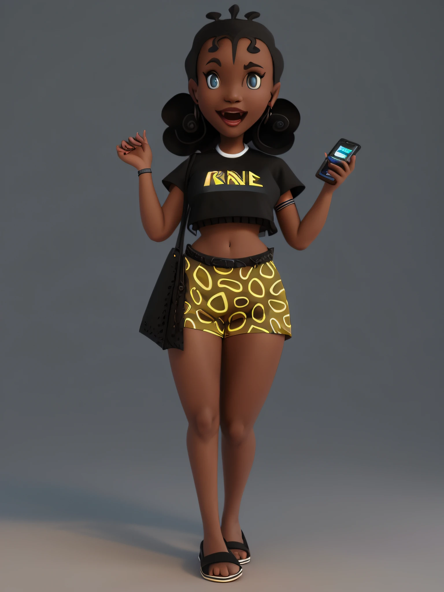 desenho 3D cheio de sombras de uma mulher em uma saia curta segurando um telefone celular, retrato de corpo inteiro de um curto!, arte dos desenhos 3D com shaders, O Sombreamento, em estilo cartoon, 3d-render, estilo dos desenhos animados, full-length rendering, estilo de arte dos desenhos 3D, Adolescente negro, Arte Oficial, afro-americana, em estilo de arte digital 3D O Sombreamento, super bonito funky menina, Color rendering art, Arte Oficial, retrato de personagem de corpo inteiro , cinematiclighting, Hora de Ouro, studio illumination, ambient lighting, cores realistas --auto