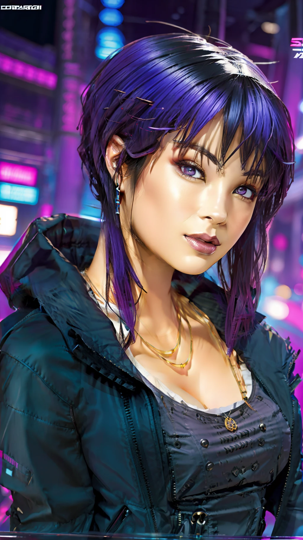 uma personagem feminina muito bonita tentadora, com cabelos loiros escuros, com olhos esverdeados escuros, com casaco de couro roxo decotado,revelador, com short curto provocante preto, estilo cyberpunk