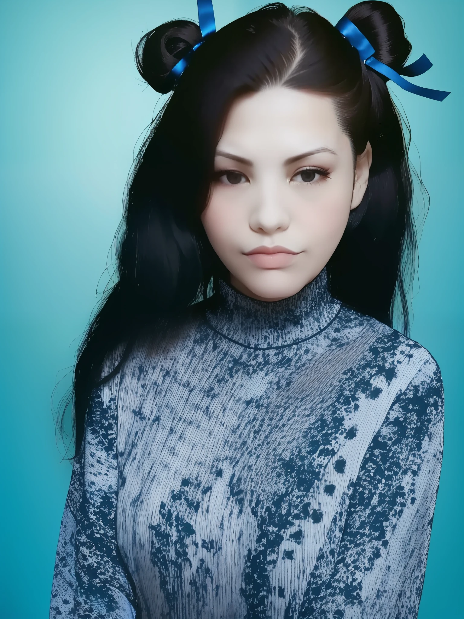 1girl, tohsaka rin, solo, long hair, sweater, red sweater, looking at viewer, blue background, black hair, simple background, two side up, turtleneck, blue eyes, lips, closed mouth, ribbon, hair ribbon, bangs, turtleneck sweater, upper body, parted bangs, black ribbon, ribbed sweater, twintails, nose,