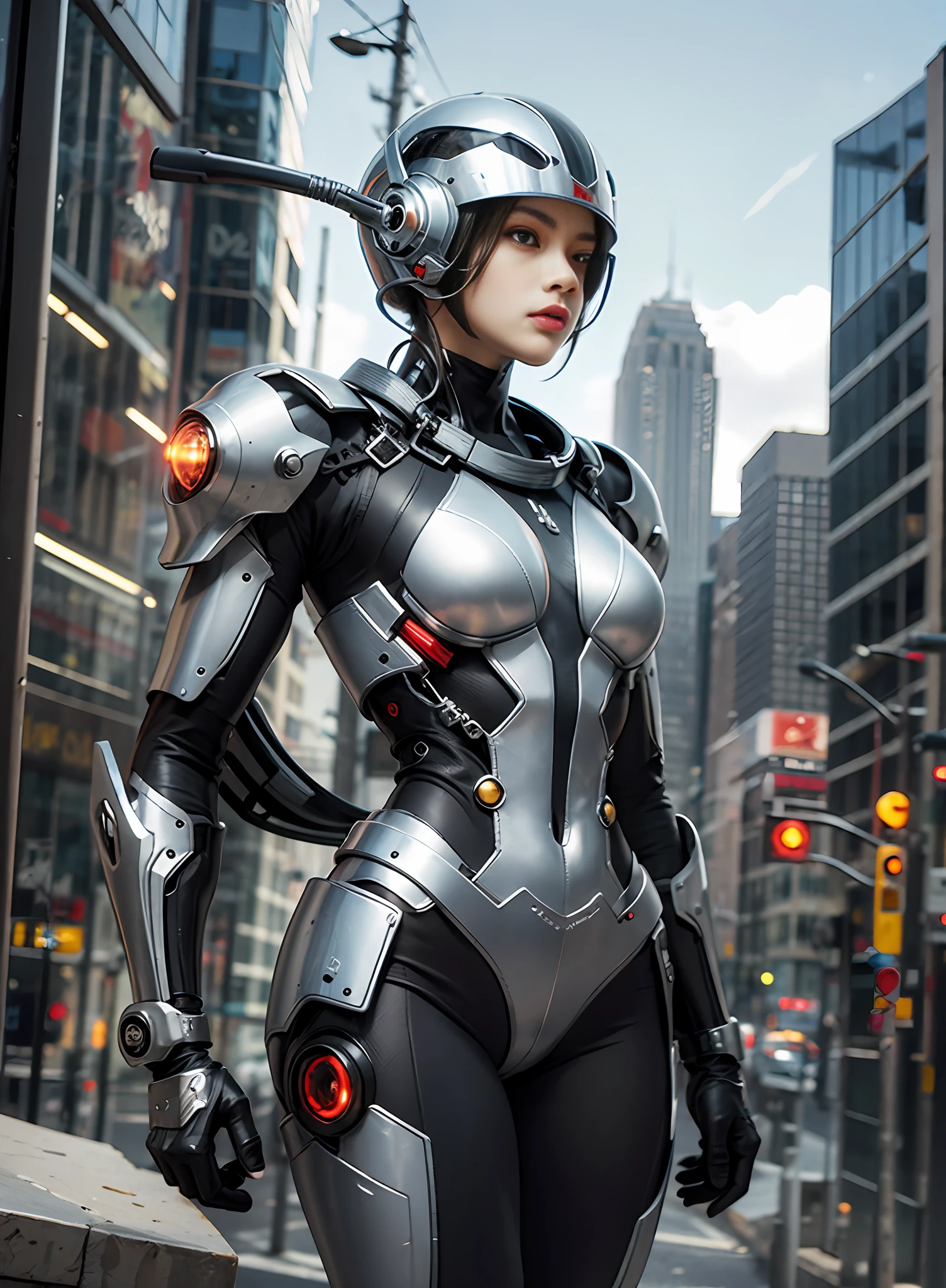 cyborg-cop walking with helmet
