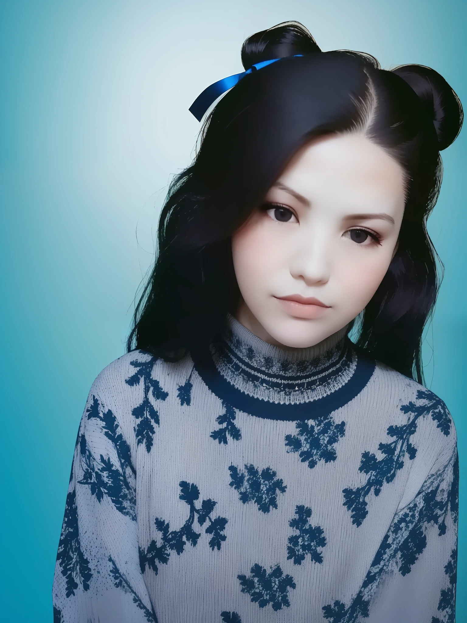 1girl, tohsaka rin, solo, long hair, sweater, red sweater, looking at viewer, blue background, black hair, simple background, two side up, turtleneck, blue eyes, lips, closed mouth, ribbon, hair ribbon, bangs, turtleneck sweater, upper body, parted bangs, black ribbon, ribbed sweater, twintails, nose,