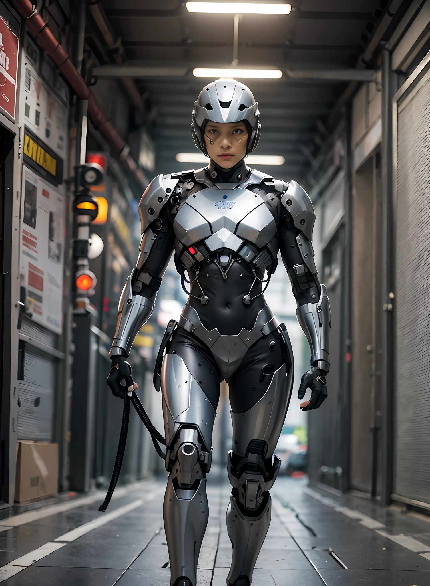 cyborg-cop walking with helmet