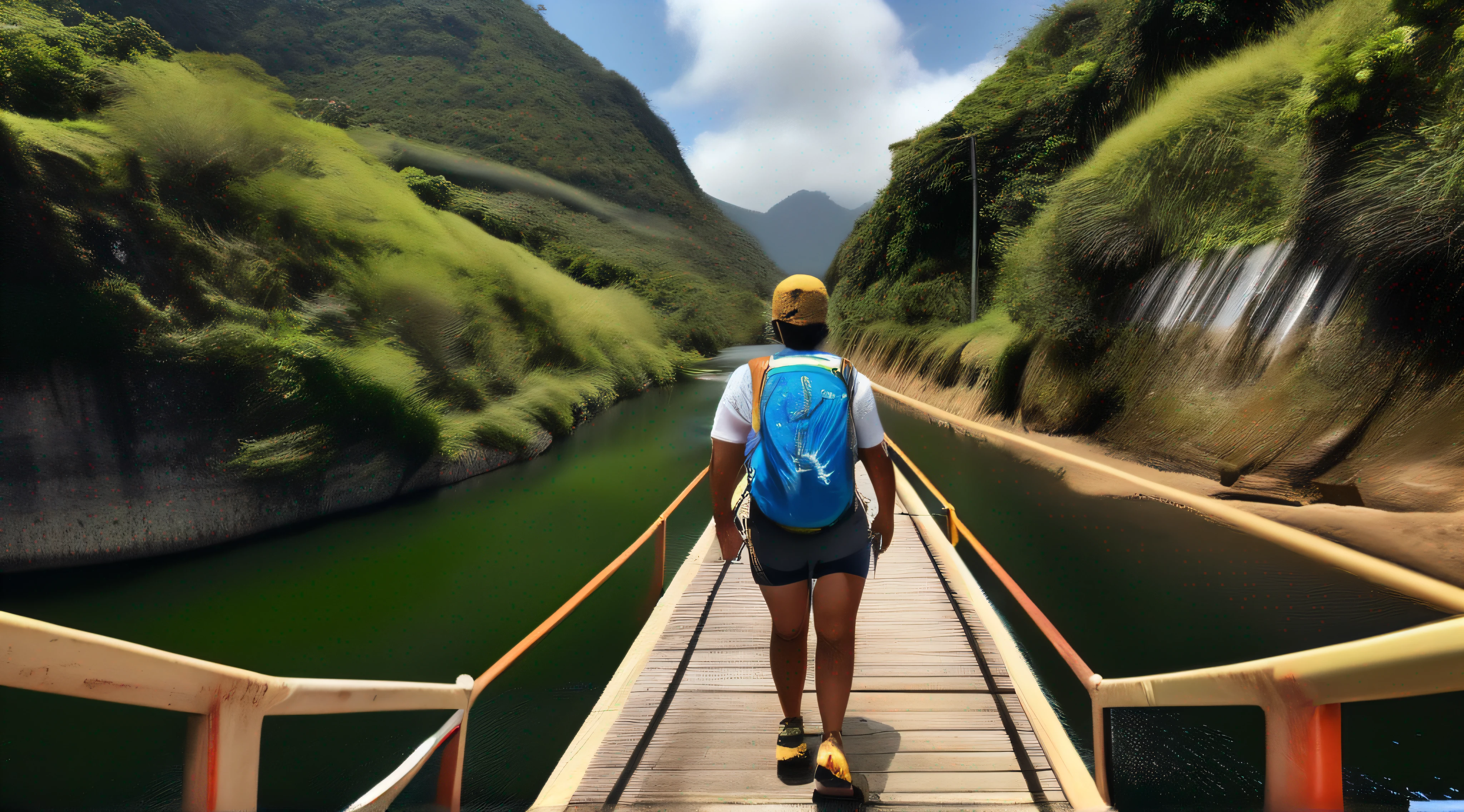 Entre duas montanhas, corre um rio caudaloso. no topo das montanhas uma ponte pencil para aventuras.