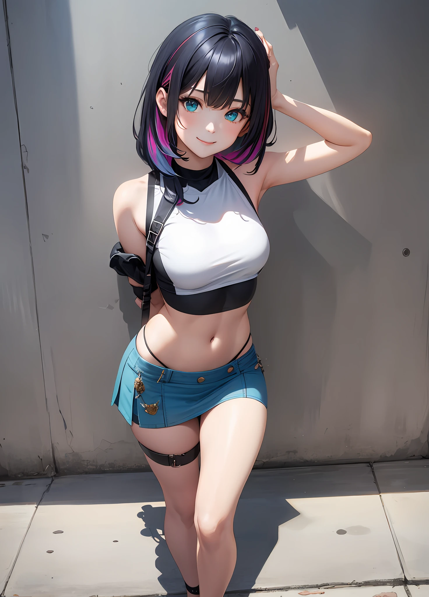 8K、A masterpice, of the best quality, 1girl, 独奏, 20 age old、Cute smile、Erect nipple、croptop, Micro Mini Skirt, chokers, arms behind back, Leaning against the wall, looking the viewer, Strap at thigh, Head tilt, hair multicolored, Aqua Eye, Sunny city、Standing pose above the knee、