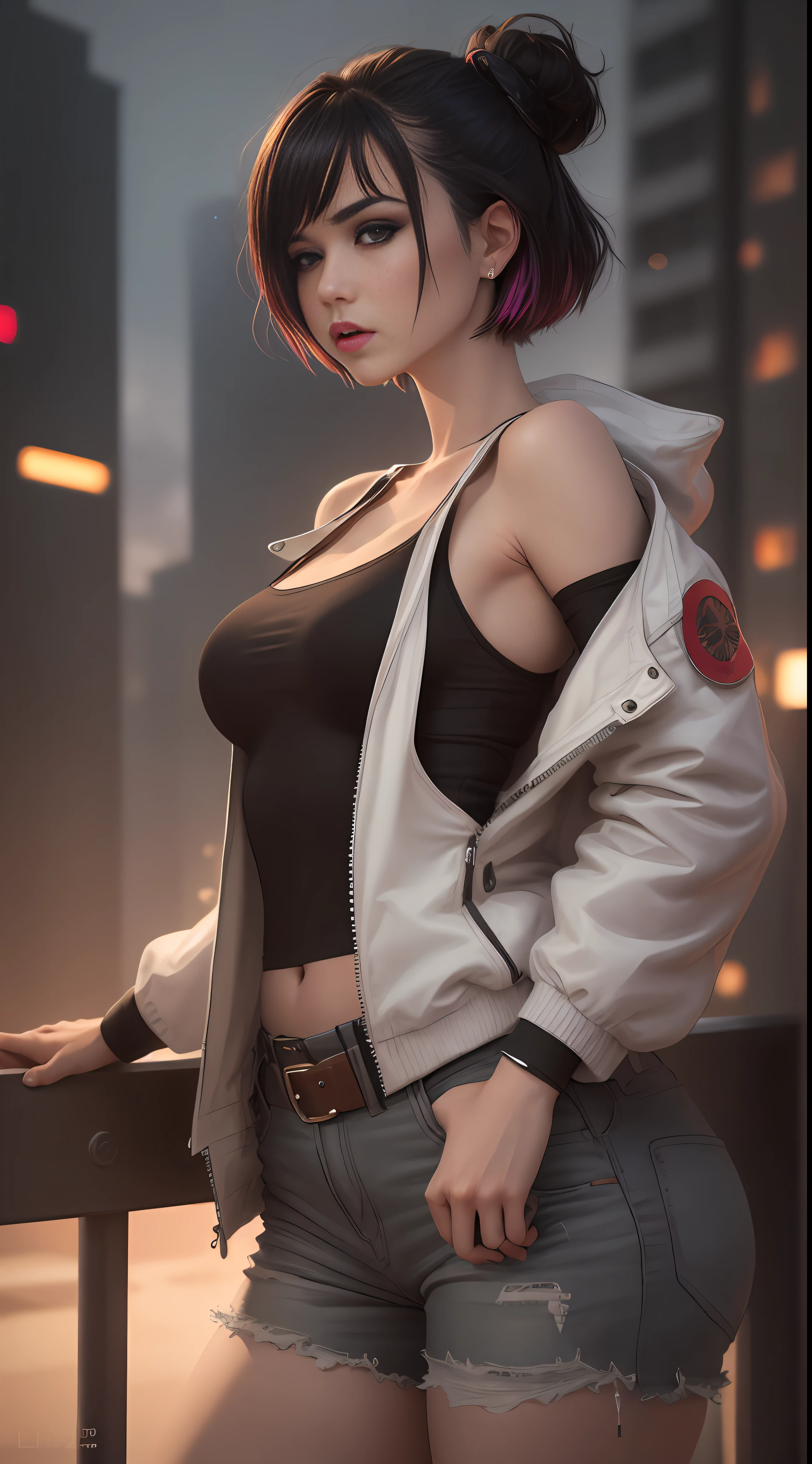 masterpiece, (photorealistic:1.4), best quality, beautiful lighting, (ulzzang-6500:0.5), 

lucy \(cyberpunk\), 1girl, against railing, arm rest, bangs, bare shoulders, belt, black belt, black leotard, black pants, blurry, bob cut, breasts, building, cityscape, clothing cutout, cropped jacket, cyberpunk, depth of field, from side, gradient eyes, grey eyes, grey hair, jacket, leotard, lips, long sleeves, looking afar, looking ahead, mechanical parts, medium breasts, multicolored eyes, multicolored hair, night, night sky, off shoulder, open clothes, open jacket, outdoors, pants, parted lips, railing, red eyeliner, science fiction, short hair with long locks, short shorts, shorts, sidelocks, sky, solo, standing, teeth, thigh cutout, upper teeth only, white jacket, white shorts, cyberpunk \(series\), cyberpunk edgerunners,  RAW photo, 8k uhd, film grain