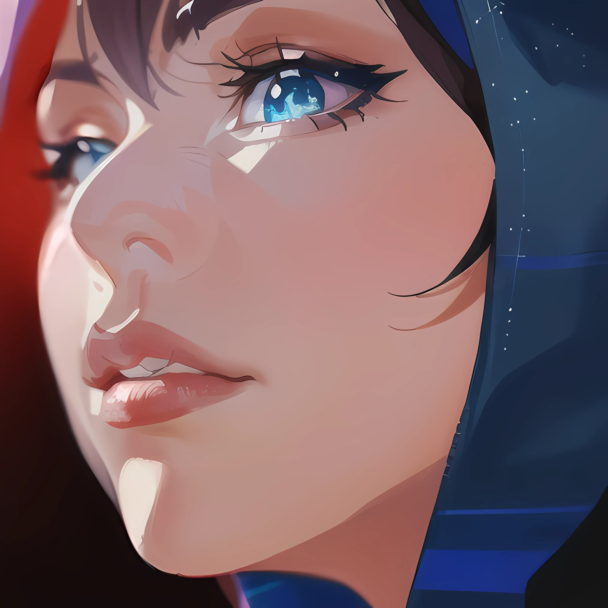 ((close up portrait of middled age woman with a hood on & with big huge giant blue eyes & tiny nose & closed big huge giant full lips!!!:1.5)), she is looking at the camera & her expression is solemn, colorfull anime portait, colorfull anime profile, solemn expression, mysterious portrait of a woman, inspired by Naruto anime series, myself, mysterious portrait, mysterious eerie portrait, night!!! (((masterpiece))), (((best quality))), ((ultra-detailed)), (highly detailed anime illustration), ((an extremely delicate and beautiful)),(from side),cinematic light,((1anime woman)),solo, black background, extreme detailed,colorful,highest detailed
