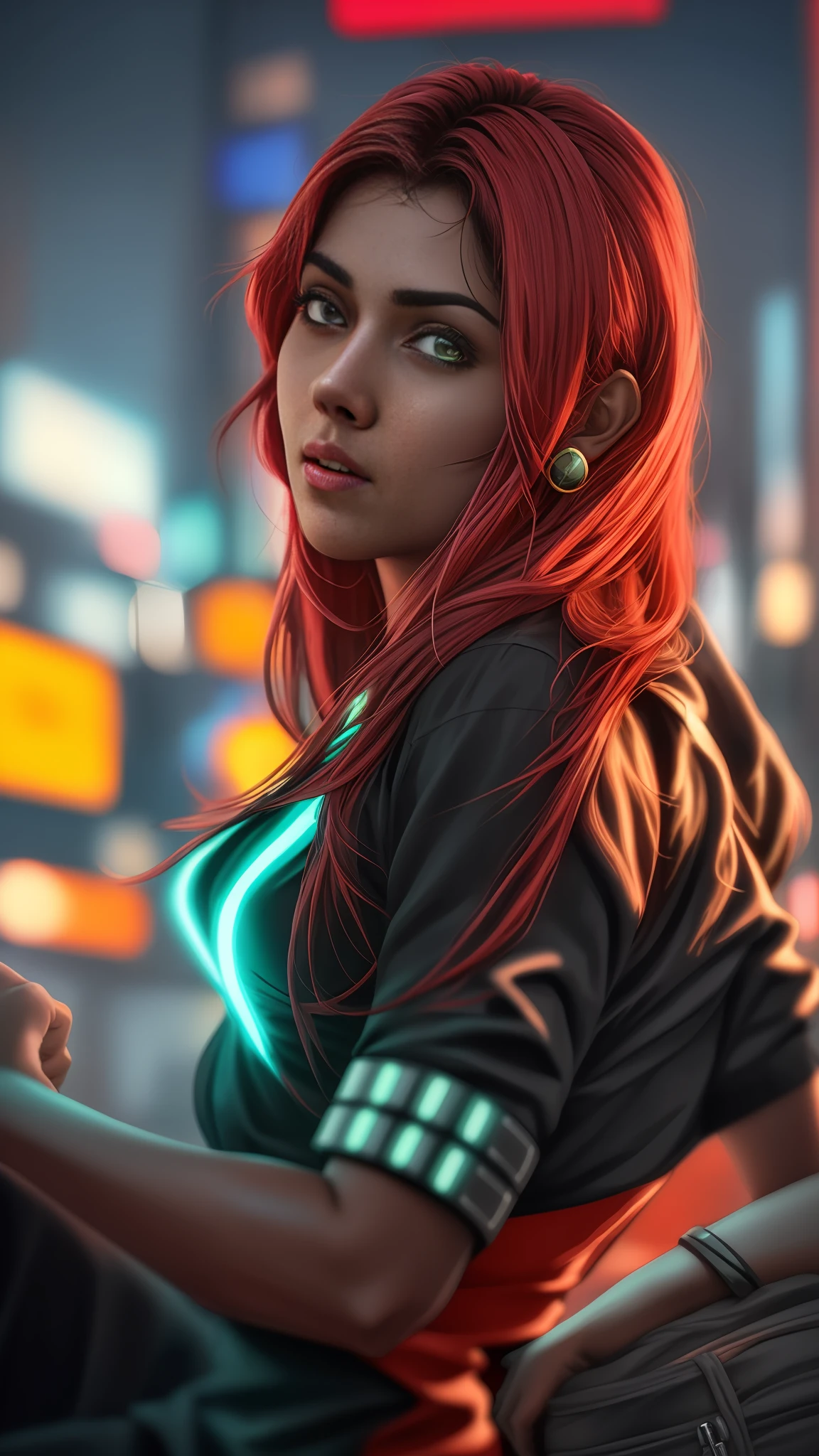amala paul, cyberpunk, Hyper Realistic, Hyper-Detailed digital art, 8k, Trending on artstation, Loneliness, Detailed Cloth, Detailed face, Best quality, Real life photography, Long hair, Thick hair, glowing hair, Photorealistic, Wave hair