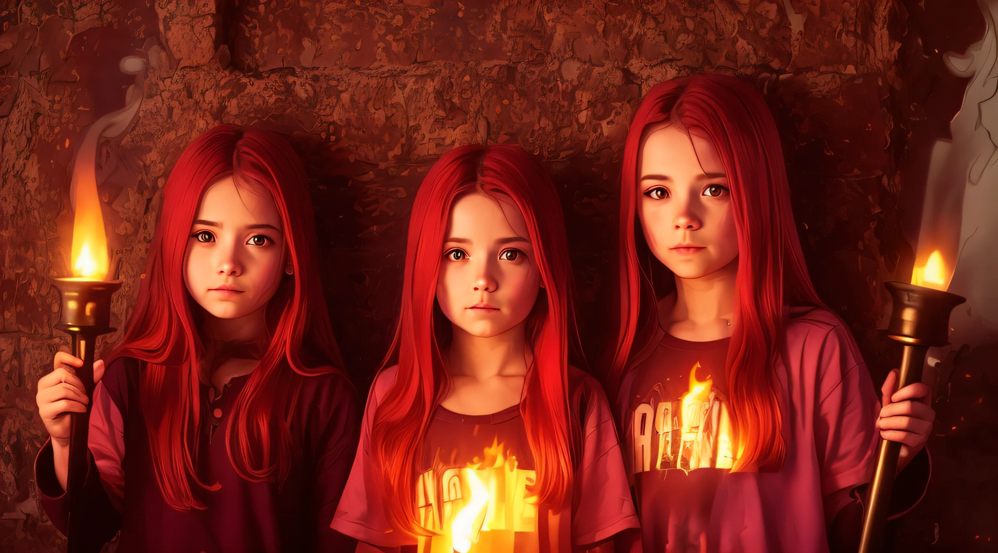 three girls with red hair holding torches in front of a brick wall, Filhotes vermelhos, vermelho ardente, Vermelhos, red head, cores muito vermelhas, vermelho brilhante, cabelos vermelhos brilhantes, tons de vermelho, tudo vermelho, next gen, cabelos ruivos, cabelos vermelhos ardentes, red selective coloring, do cabelo vermelho, cabelos ruivos brilhantes, fiery coloring, cabelo de fogo, veludo vermelho