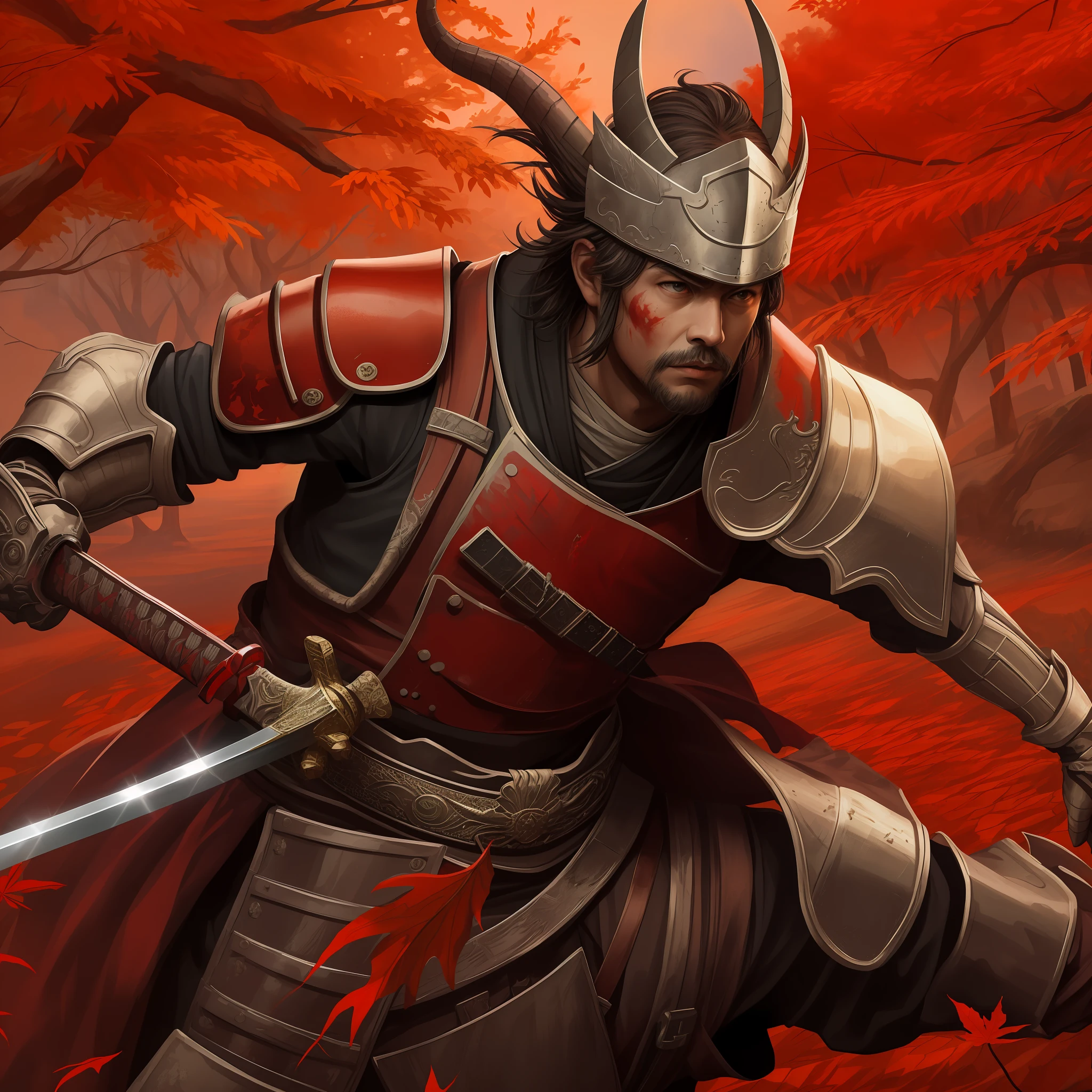 Best quality, masterpiece, great details, 8k, realistic, samurai . Clothes : dragon helmet , red armor, worn off , battle marks, 2 swords , blood on sword, chipped away . Background: fall , sunset , red leaves .