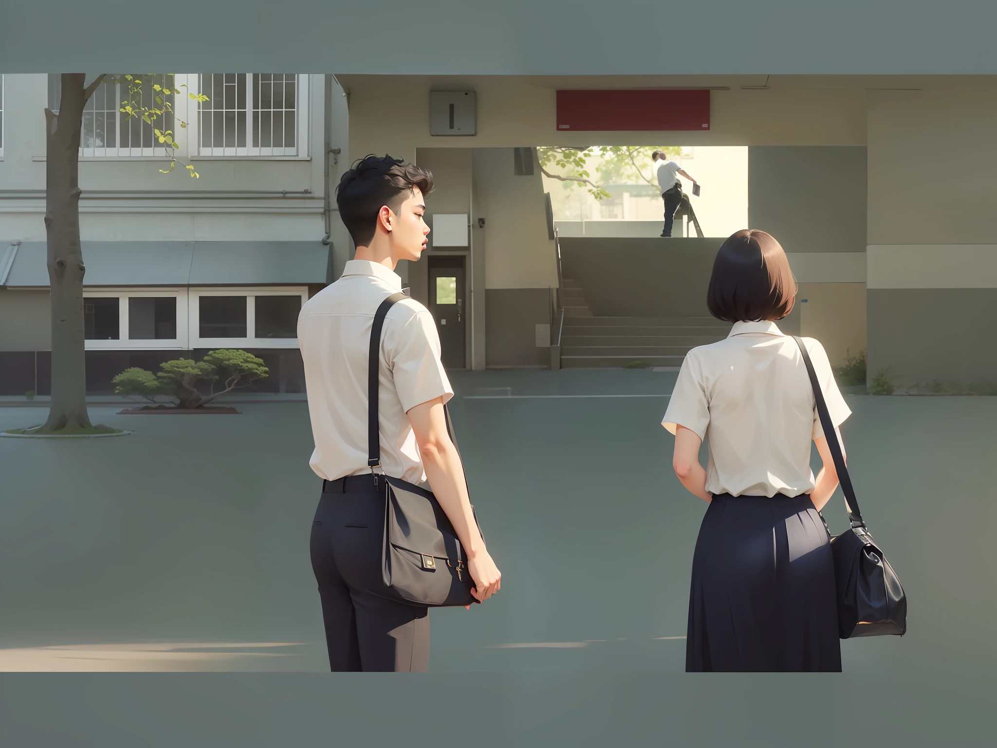 One wearing a white shirt,Black pantsuit,The boy carrying a black bag on one shoulder looked at a short black head、In a white blouse shirt、black short skirt,A girl who praises a treasure on one shoulder。The background is the school building,Lined with trees,Bonsai also has a colorful illustration of the ground,Complete hands