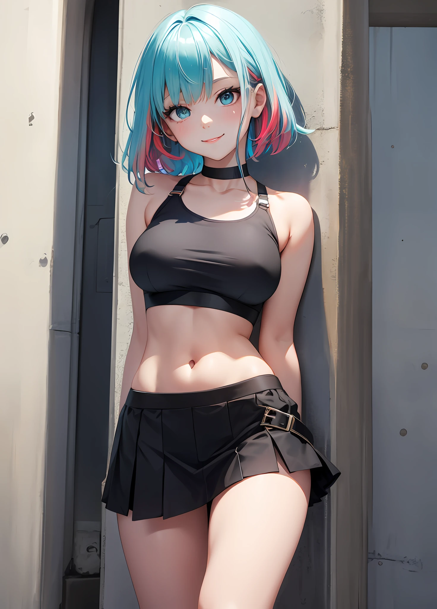 8K、A masterpice, of the best quality, 1girl, 独奏, 20 age old、Cute smile、Erect nipple、croptop, Micro Mini Skirt, chokers, arms behind back, Leaning against the wall, looking the viewer, Strap at thigh, Head tilt, hair multicolored, Aqua Eye, Sunny city、Standing pose above the knee、