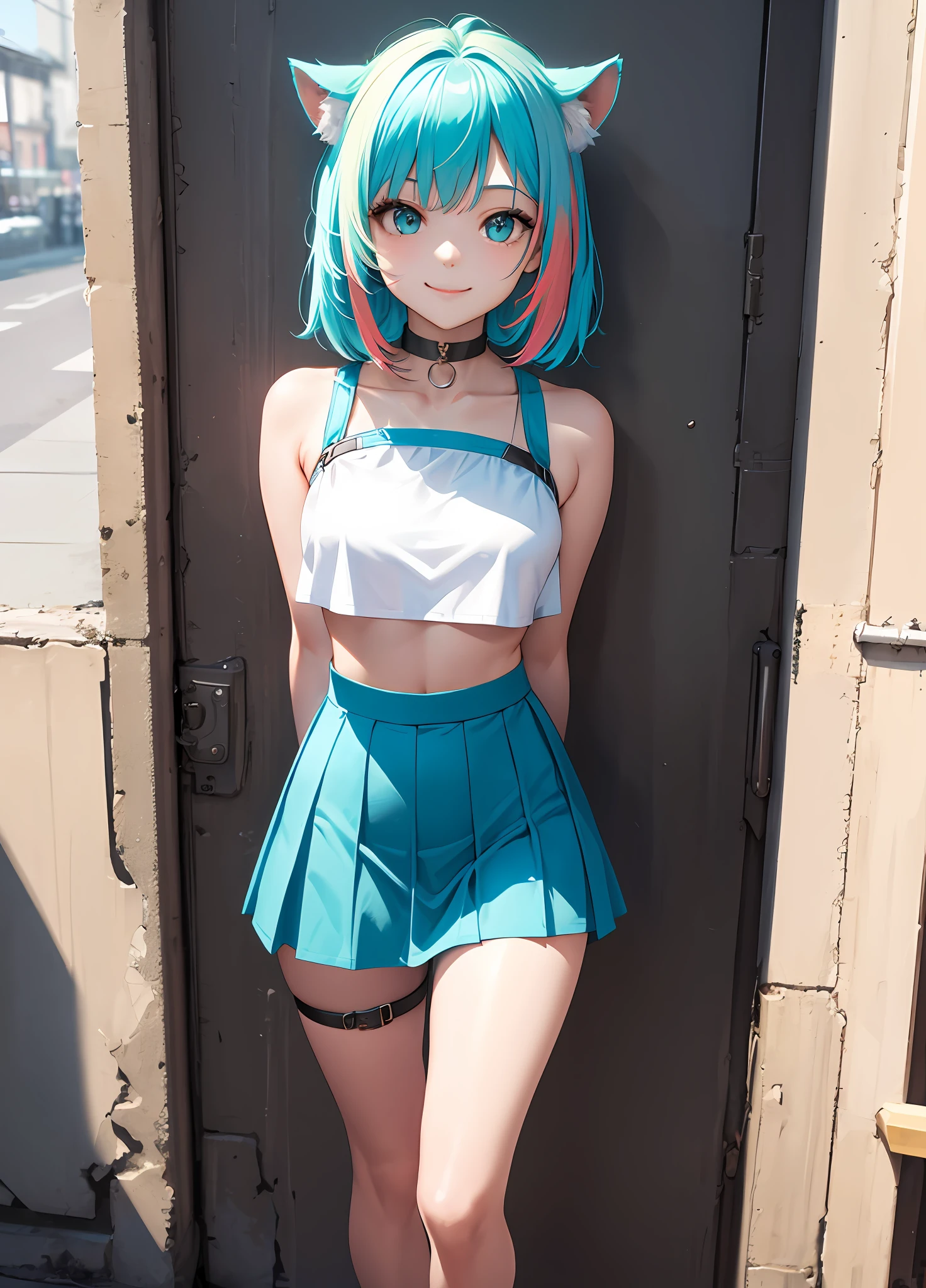 8K、A masterpice, of the best quality, 1girl, 独奏, 20 age old、Cute smile、Erect nipple、croptop, Micro Mini Skirt, chokers, arms behind back, Leaning against the wall, looking the viewer, Strap at thigh, Head tilt, hair multicolored, Aqua Eye, Sunny city、Standing pose above the knee、