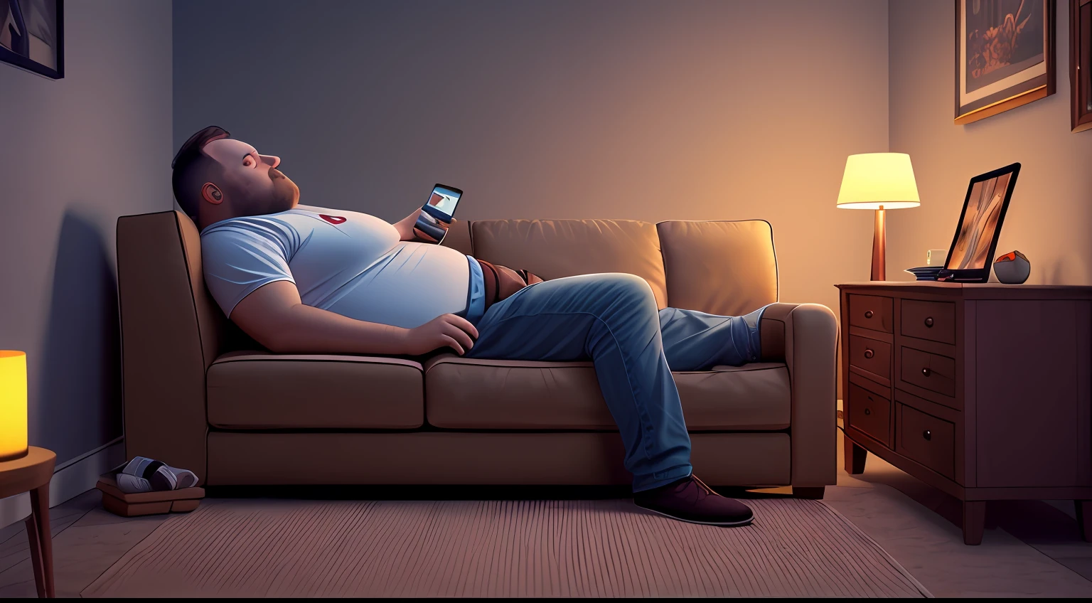 lazy fat guy, couch, smartphone in hands, lighted by TV light, night, food in ground, smoking, realistic, sad, mole under eye, heart-shaped pupils, raised eyebrows, high detail, cinematic lighting, chromatic aberration, UHD, masterpiece, ccurate, anatomically correct, high details, high quality, highres --auto