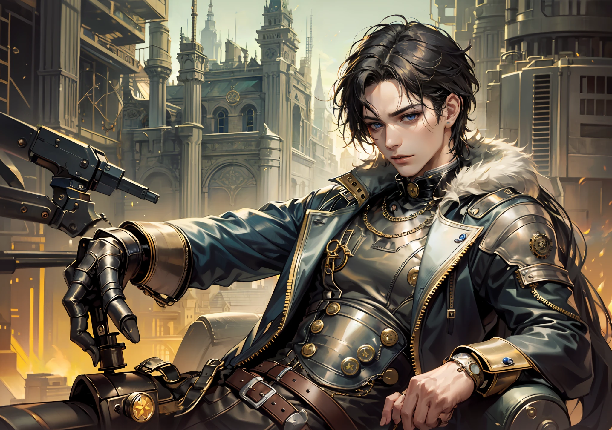 man, abs, male, male face, attractive, muscular, ((1man)), sitting, cool pose,(( steampunk clothes)), masterpiece, absurd, best quality, intricate details, (bright skin, shiny body, shiny and oily skin, shiny hair, pale skin tone), old castle, sunset, attractive, adult, one, don't look at sight, long black hair, perfect detailed face, perfect detailed hands, blue eyes, ((MLS)), medium large outbreak