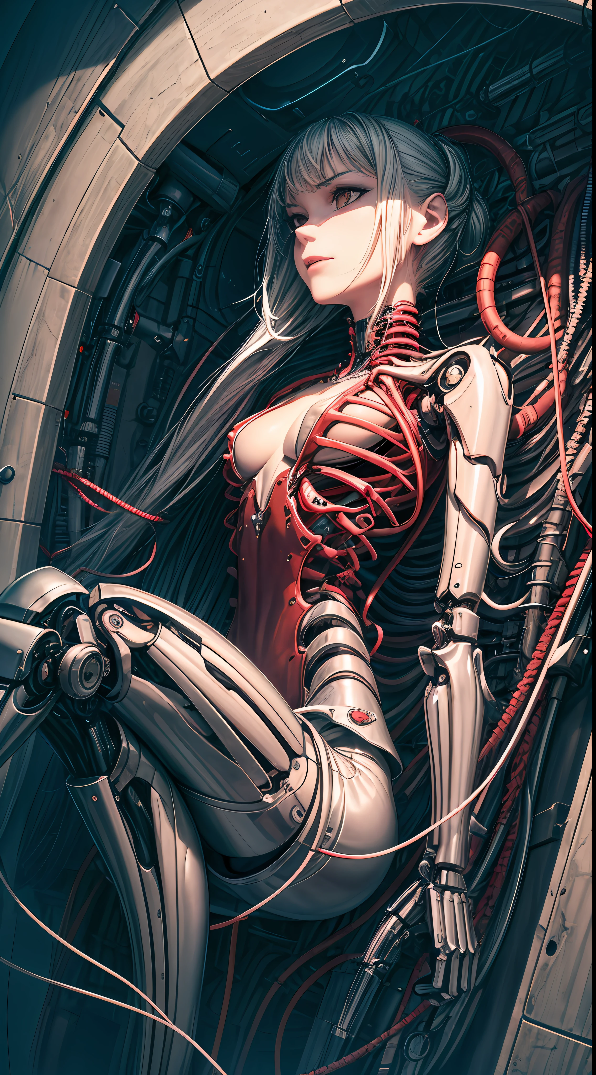 (((巨作))), ((Best qualities)), (super detail-oriented), (CG illustration), (Very evil and beautiful)), cinematiclight, ((1 Mechanical Girl)), Single, (Mechanical art: 1.4), ((Mechanical limb)), (Blood vessel, attached to the tube), ((Mechanical spine, attached to the back)), ((Mechanical ribs)),expressionless, ( Wires and cables, attached to the head and body: 1.5),  Sci-fi, apocalypse, Ruins, (Lower body, Integrated with mechanical devices), (blood: 1.5), Cruelty, absurdres, erotica, Merging with machines, Doomsday Time, A super future, Inorganic, laboratory, Restraint, (Beautiful indulgence: 1.2), (1 girl: 1.3), body, wrapped around mechanical tentacles