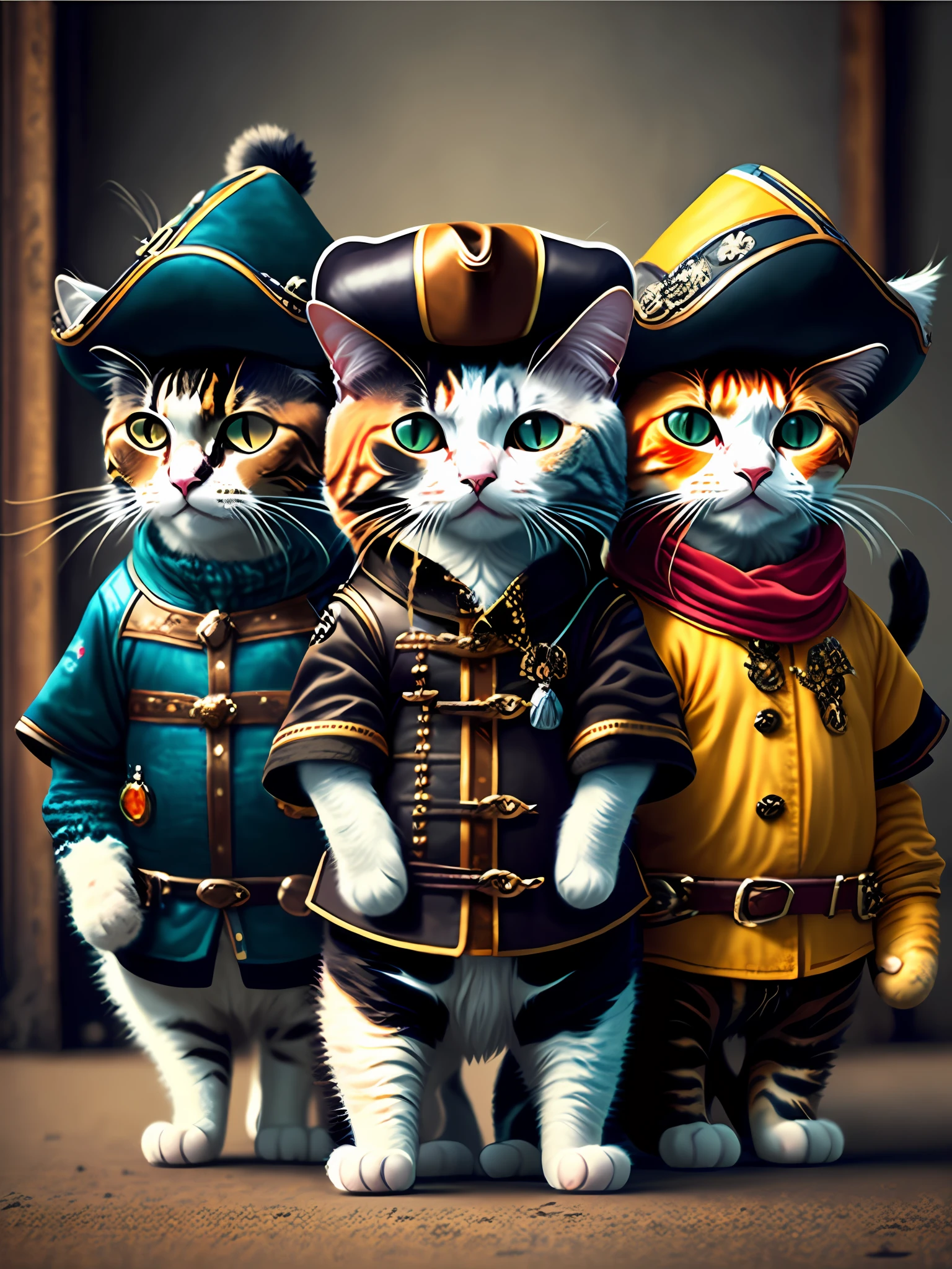 picture of three cats as musketeers, art station trend, dressed in punk clothes with musketeer hats, hyper realistic detailed rendering, british gang member, urban style, intimidating pose, planet of cats, fashion clothes, urban musketeer, meow, west slavic traits, 8 1 5