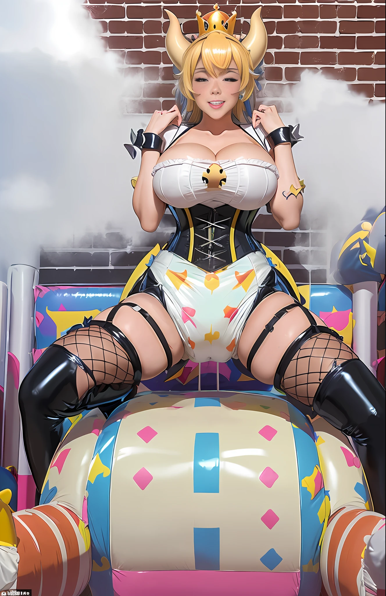 Sexy girl wearing (big diaper), ((bowsette)), busty, (big breasts), wide hips, ((latex)), stockings, fishnets, (corset), (hypnotic), (magical), (blushing), (confident) pleasure, (orgasmic), colorful, brick wall, posters, ((magic fog)), ((mommydom)), ((bounce castle)), (inflatables), (atmospheric)