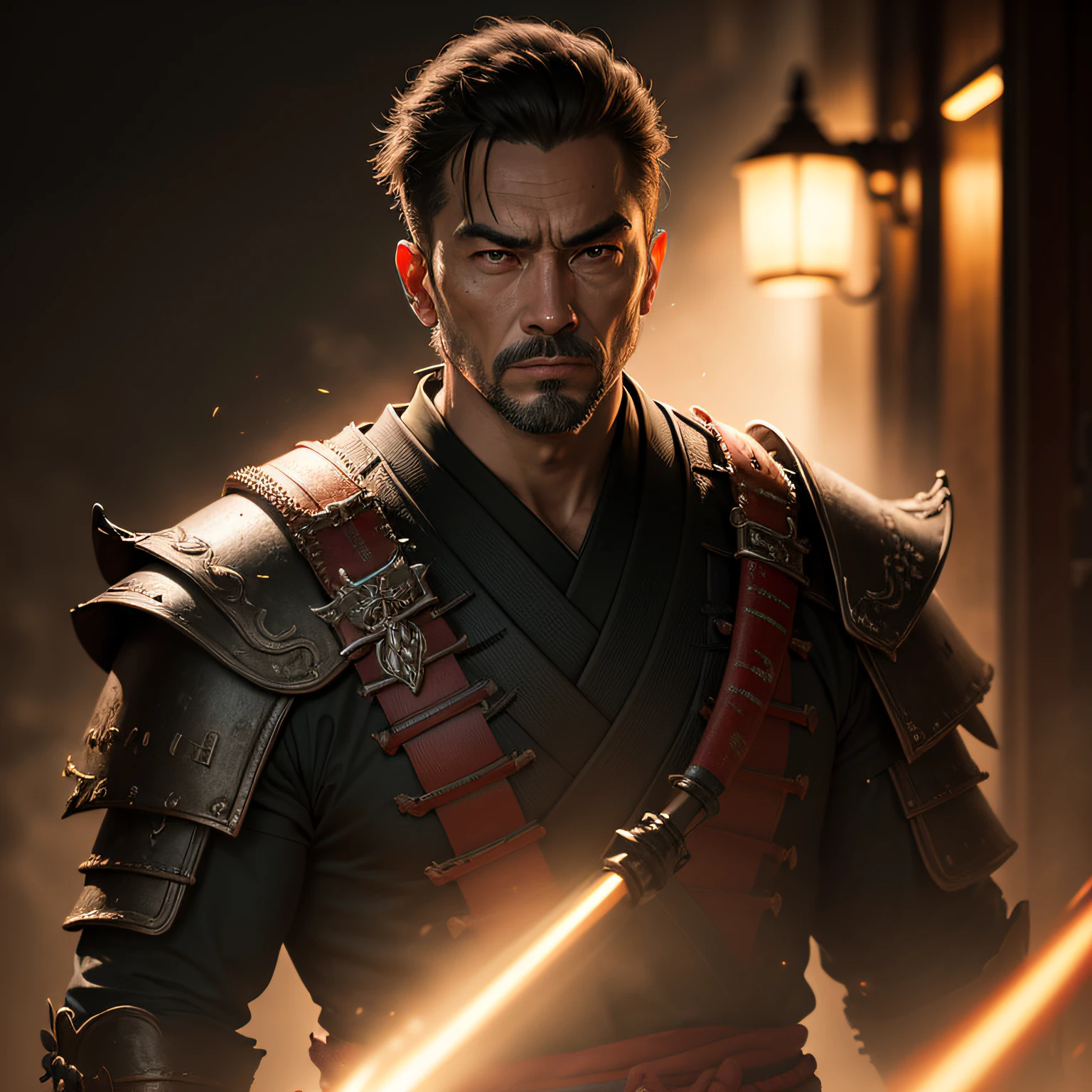Samurai , cinematiclighting, profundidade de campo, man, realismo, fotorrealista, hiper-realismo, fotografia profissional, uhd, dslr, hdr --auto