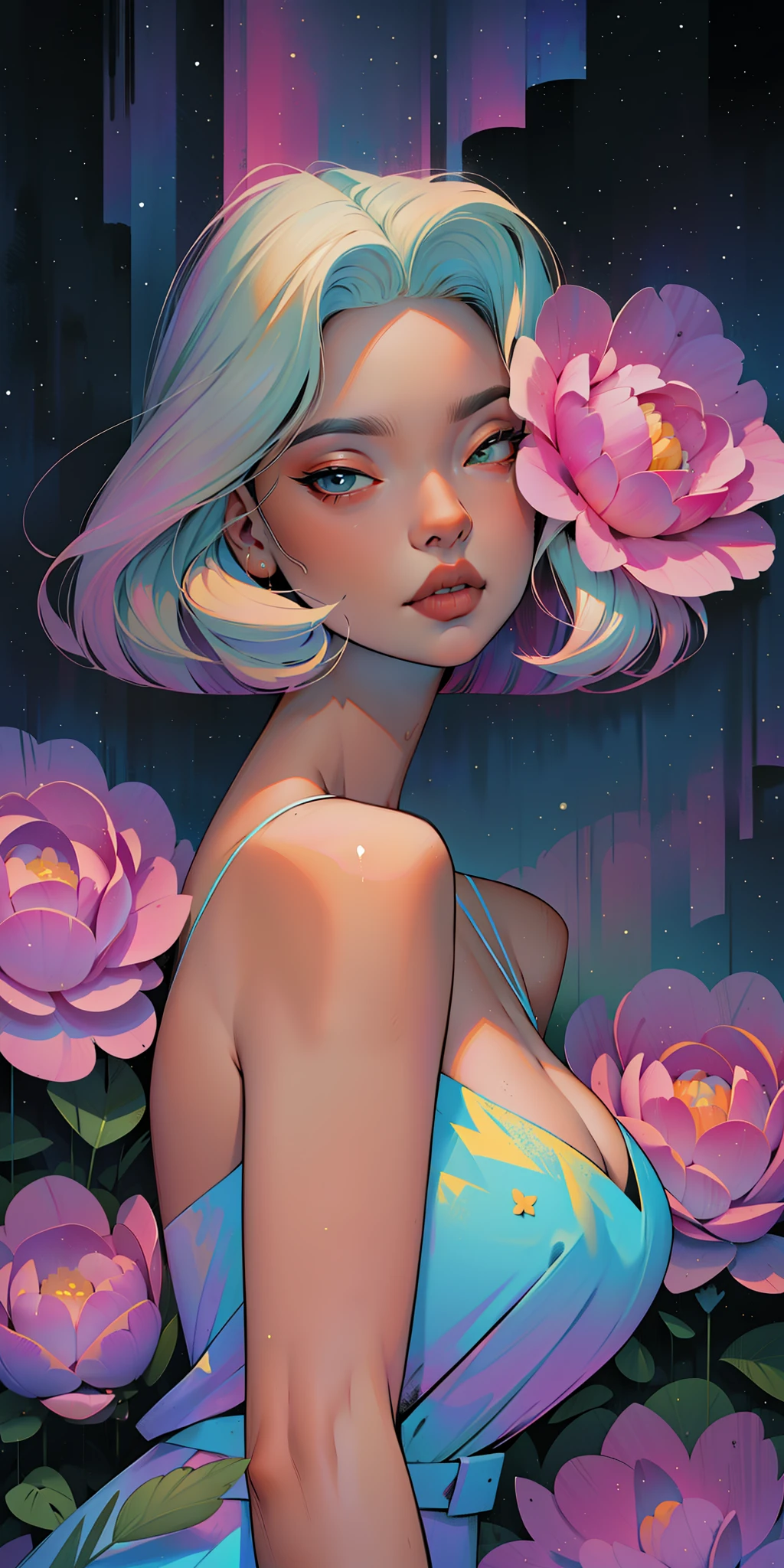 s face, waist-high, portrait of a, up close, near, close up, queen, a goddess, A glorious sunrise, aura, glow, multi-colored bright aurora borealis, Spectrum Rainbow,Colored feathers, In a chic, lavender white mint hair, pastel, mixed-language_SMS, (beautiful and clear background:1.2),, fantastic paintings , olhos altamente detalhados, crystals, outer space, galaxy, Gorgeous hair, Background Flora Peony, poppy, hydrangea, Plants. Loving. Love. ultra detailed hair, Best Quality, high qulity, high resolucion, detail enhancement, ((most beautiful image in the world)), Masterpiece, Best Quality, High Quality Detail Enhancement, ((most beautiful image ), Shiny hair, Ultra chic lace panties, Stampa Flores, art by stjepan sejic, art by j scott campbell, art by guillem march, art by citemer liu, 4k, high resolucion, comic book character, comic, high quality detailed, style of ::2.0 comix illustration style,tatoon style, high qulity, high resolucion, detail enhancement, 8K, HD, Best Quality, high qulity, high resolucion, detail enhancement, 8K, HDR, Sharp focus, Ultra Detailed, perfect lighting, Curvy Body, Lush big breasts, Curvy big hips, On Bed, sparks, Stars, The Cycle of the Stars
