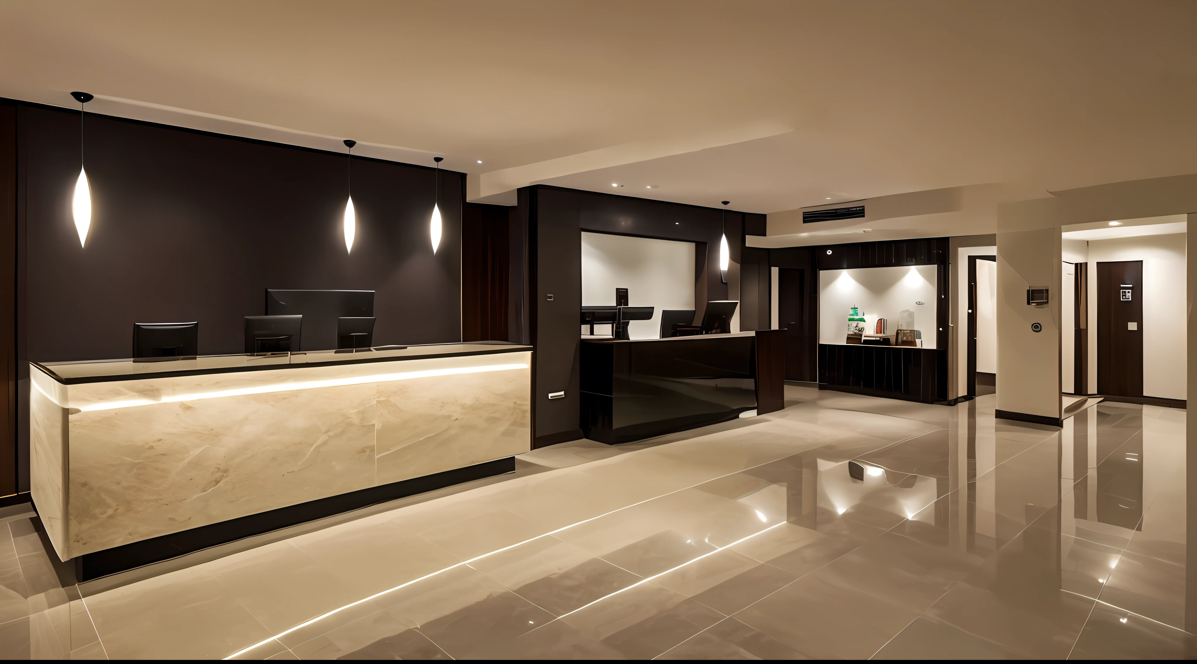 hotel reception wing, ultrarrealista, 8k, Of course, floor with gloss, sem pessoas ou animais, Totalmente iluminado, advertising lighting