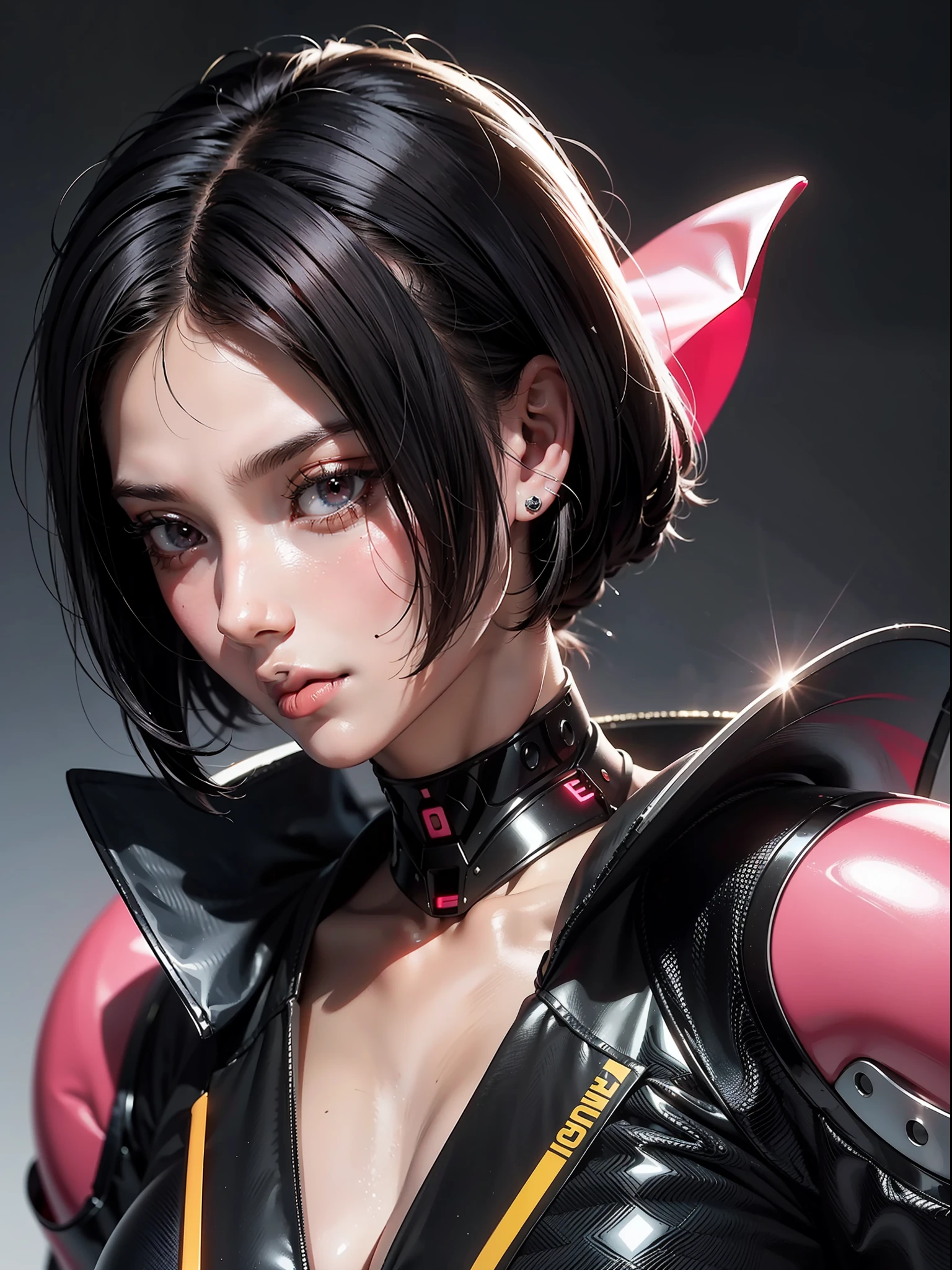 obra-prima, melhor qualidade, Portrait of sexy robot woman with short black hair and pink eyes