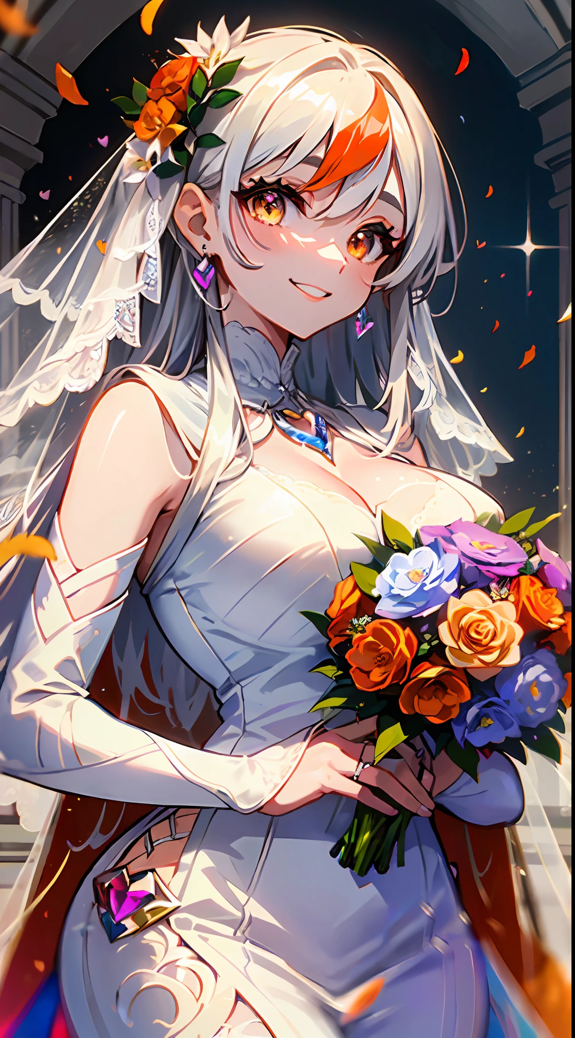 ((wedding)), ((Bride)), White Hair, Orange Pink Eyes, Two-tone Hair, Two-Tone eyes, ((Bridal Outfit), ((Flowers)), ((Petals)), ((Curvy)), ((Elegant)), ((Orange)), ((Crystals)), ((Love, Smile, Hearts))