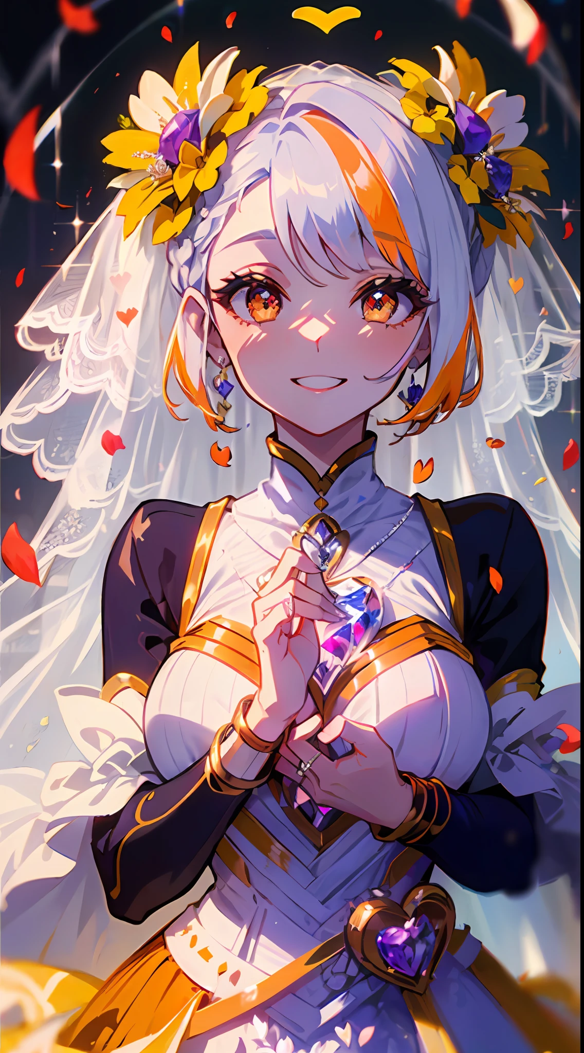 ((wedding)), ((Bride)), White Hair, Orange Pink Eyes, Two-tone Hair, Two-Tone eyes, ((Bridal Outfit), ((Flowers)), ((Petals)), ((Curvy)), ((Elegant)), ((Orange)), ((Crystals)), ((Love, Smile, Hearts))