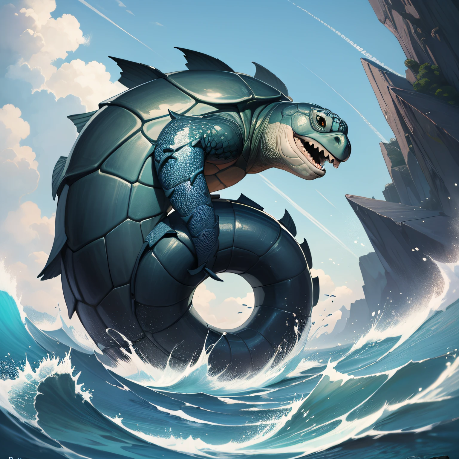 (Impressive)A turtle with dark colors under the special effects of the movie,Behind the turtle is a long snake tail。Climb the sea in the mysterious deep blue sea,There are tidal surges,(Hyper-realistic)Chinese rhyme,(Fantastic and beautiful)Shanshui World,Packed with fun comic elements。