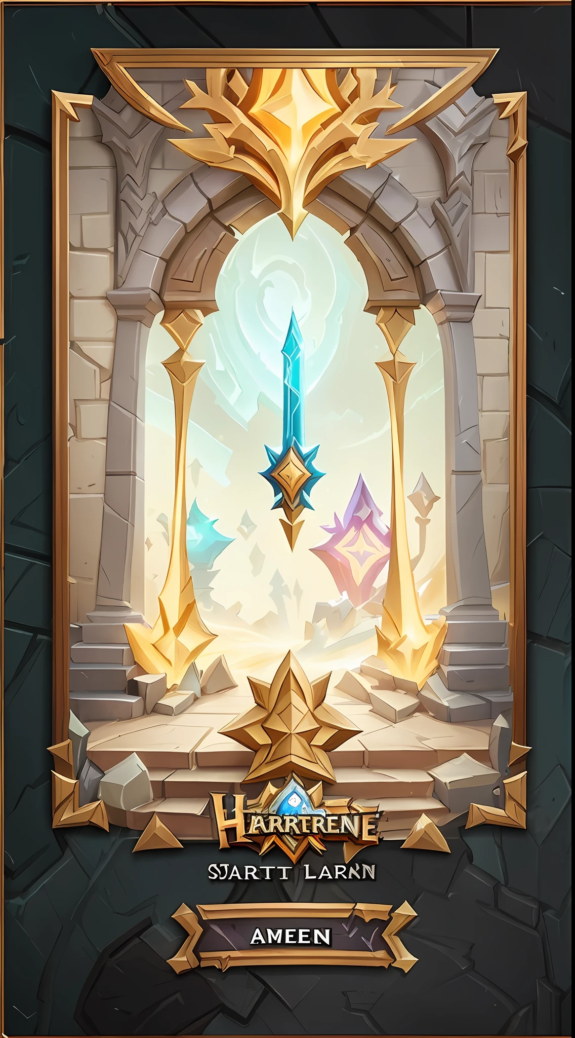 a picture of a poster with a sword in the middle of it, Official Splash Art, splash screen art, heartstone original art style, hearthstone official splash art, wallpaper splash art promo art, light kingdom backdrop, hearthstone splash art, Splash Art, hearthstone art style, league of legends splashscreen, iconic character splash art, ornate border + concept arts, concept art magical highlight