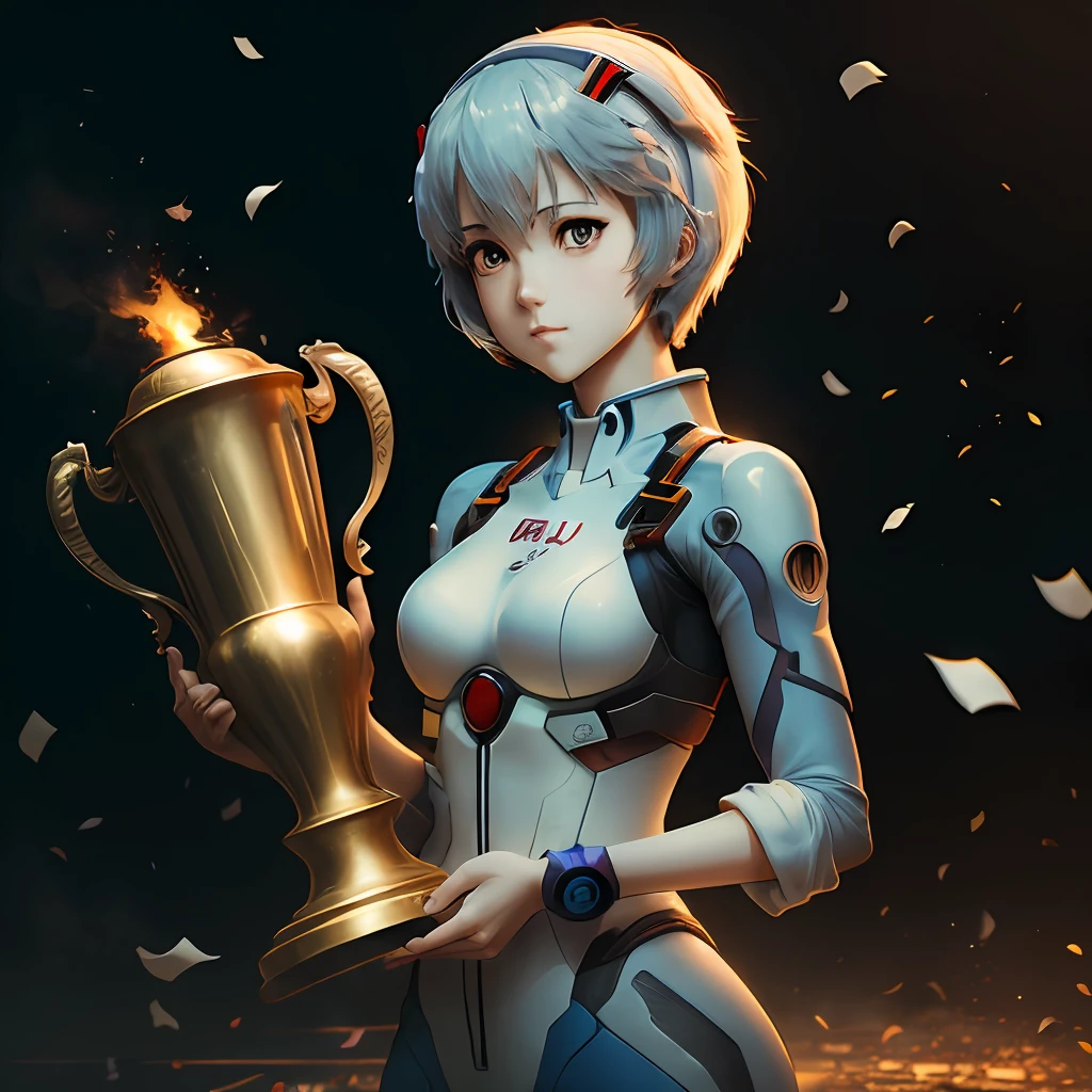 Rei Ayanami, from Evangelion anime, holding a champion's trophy, anime style, 3d art, by WLOP, dynamic pose, light dust, matte background, confetti --auto