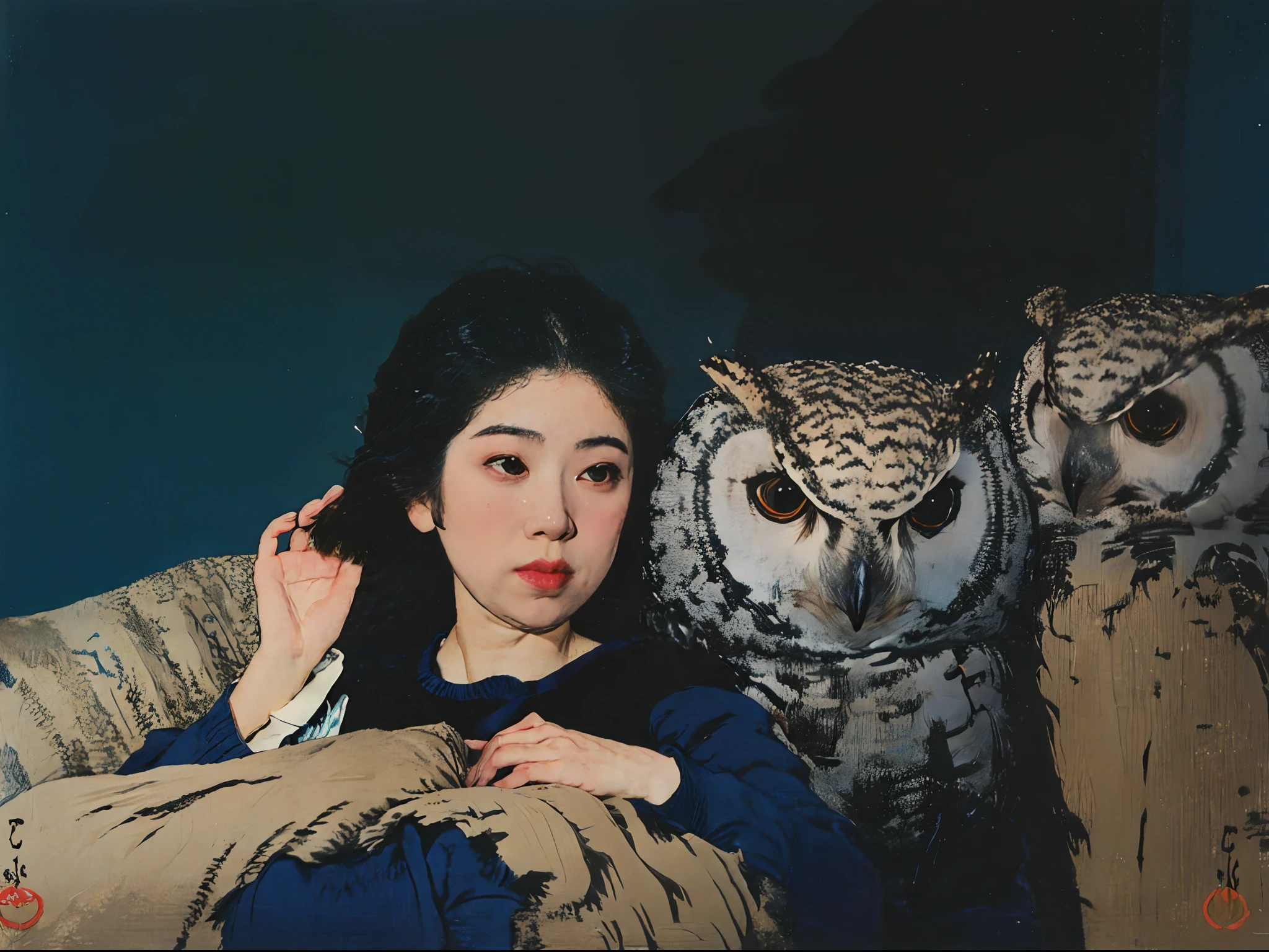 A girl with glasses, Realistic girl face, surrounded by many owl, barroco, anime aesthetic, Giant owl, owl fill the picture, black background, fisheye shot,artistic conception scene,yuko shimizu style, emily kame kngwarreye, mark catesby