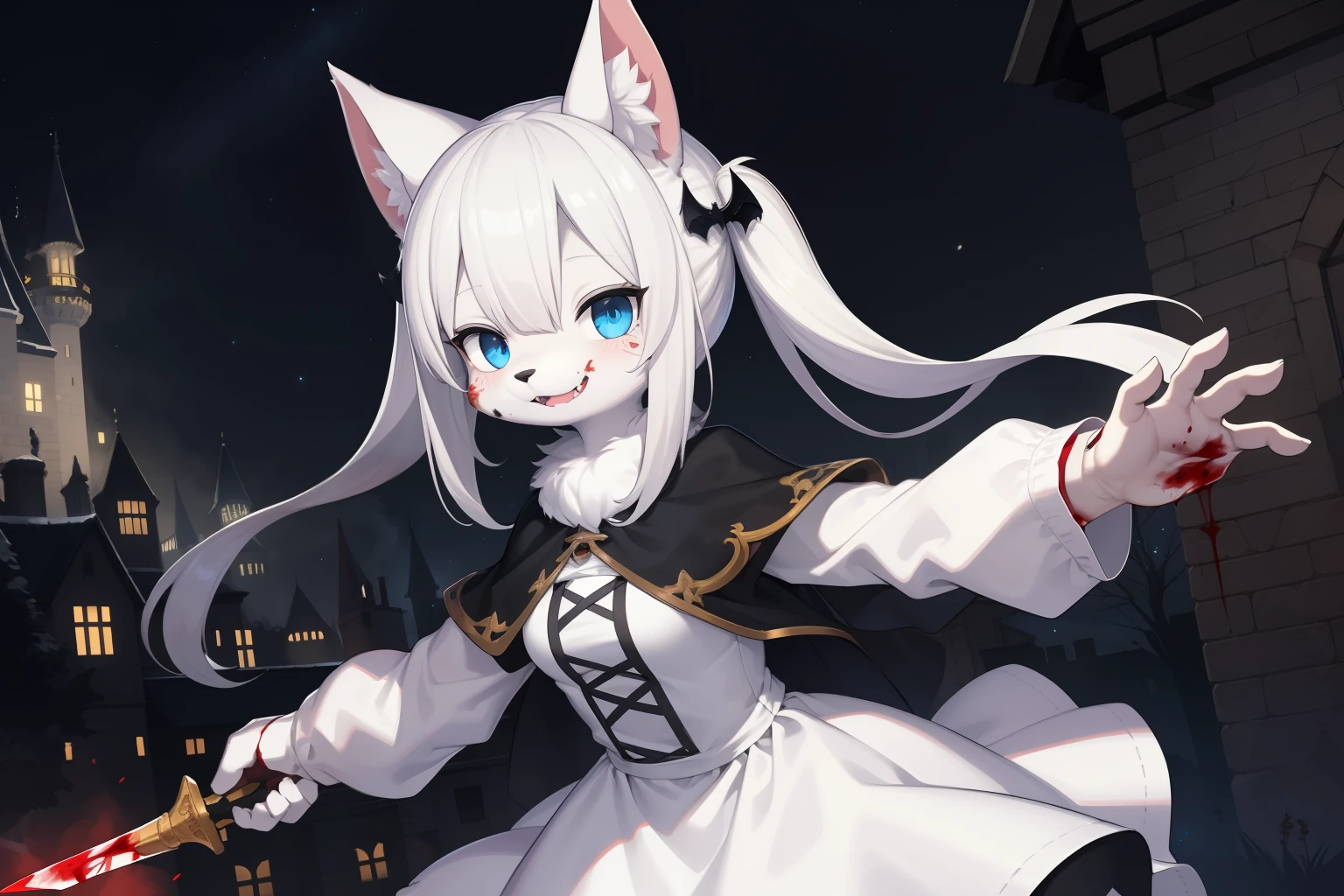 Cat Girl，was hairy，shaggy，Skin fur，White fur，Forelimb hands，hair splayed out，White ears，White face fur，White hair, hair splayed out, Shiny hair，Long hair，Hairline, low twintail，Blue eyes，Super cute face，Empty eyes，Crazy smile, Fangs，Armed with a dagger，bat hair ornament，White dress，Ambient light，Ultra-fine fur，volumettic light，, dashed eyes, bangs, light and darkcontrast, ultra high def, 巨作, Super detail，Castle background，Night，starry light，blood, blood_On_clothes, blood_On_Hands, blood_On_arma, blood_Flying splashes, blood_stain