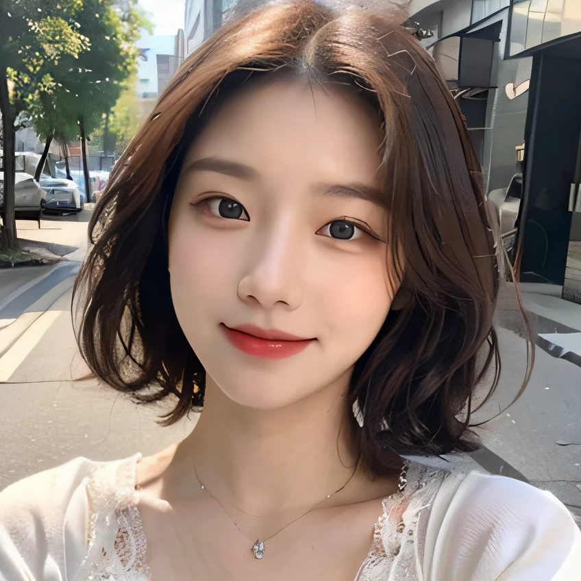 (1 Korean star with royal sister style), ((best quality, 8k, masterpiece: 1.3)), (slightly chubby: 1.3), focus: 1.2, perfect body beauty: 1.4 , (lip smile: 1.2), (street: 1.3), highly detailed face and skin texture, fine eyes, double eyelids, whitening skin, (short hair, curly hair: 1.3), (round face: 1.5), (lace skirt: 1.4),