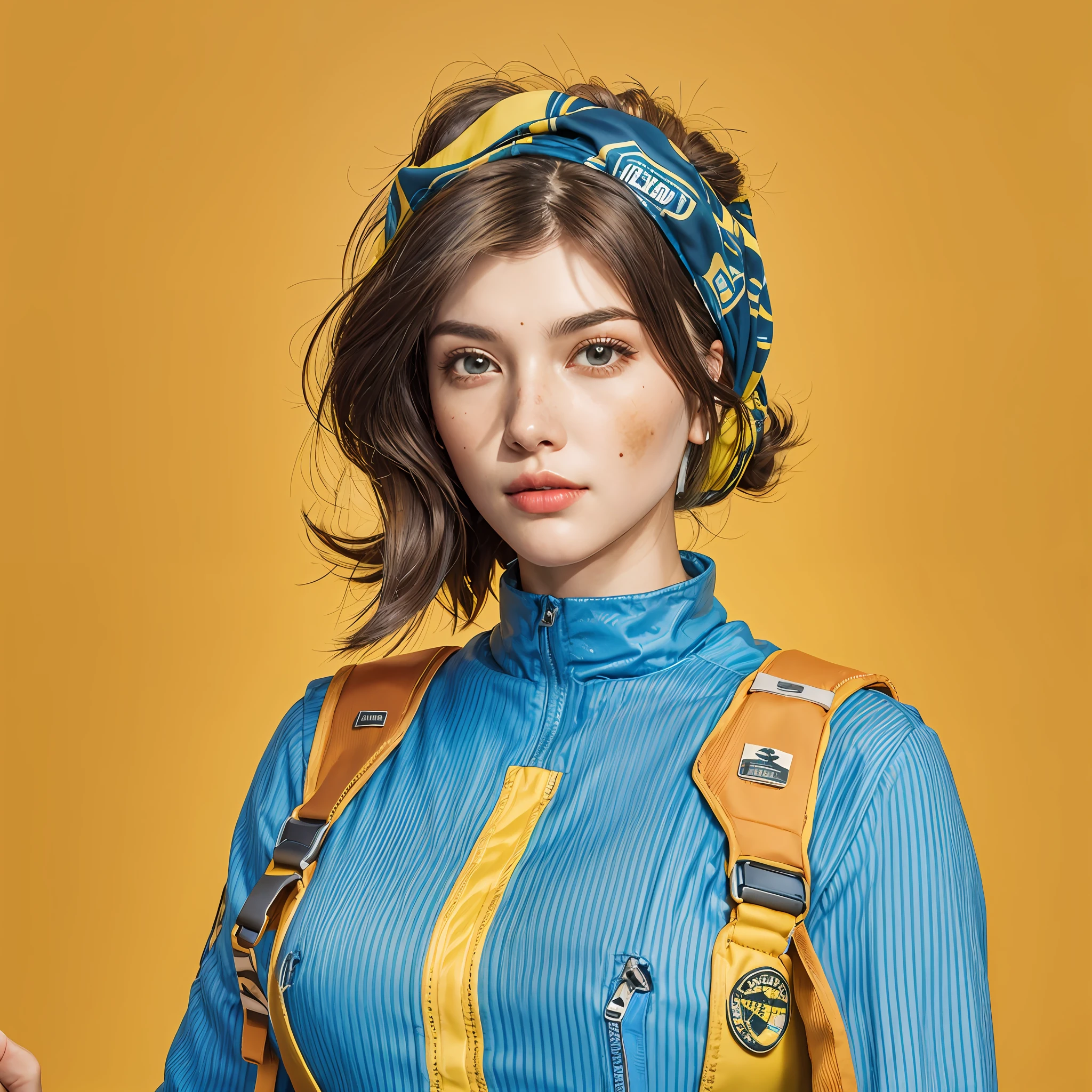 Fallout, a woman with messy brown hair, wearing a skintight vault jumpsuit, and a ragged blue metal gear bandana, brown eyes, blue jumpsuit with yellow stripes, backpack straps, fallout 3