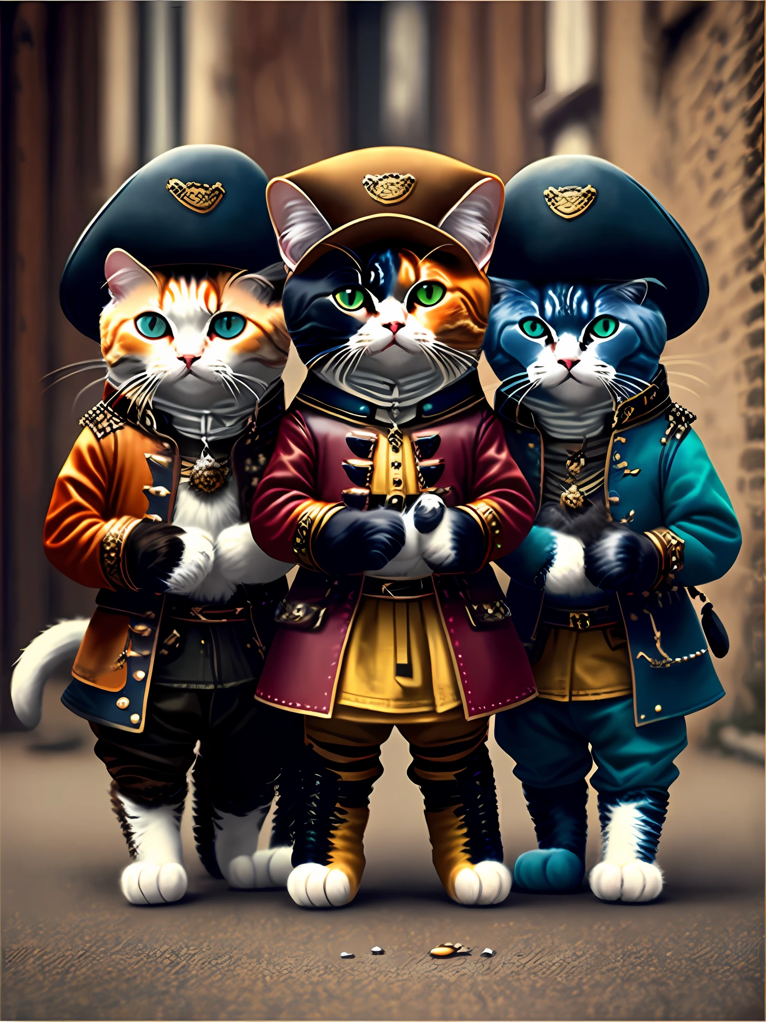 picture of three cats as musketeers, art station trend, dressed in punk clothes with musketeer hats and boots, hyper realistic detailed rendering, british gang member, urban style, intimidating pose, planet of cats, fashion clothes, urban musketeer, meow, west slavic traits, 8 1 5