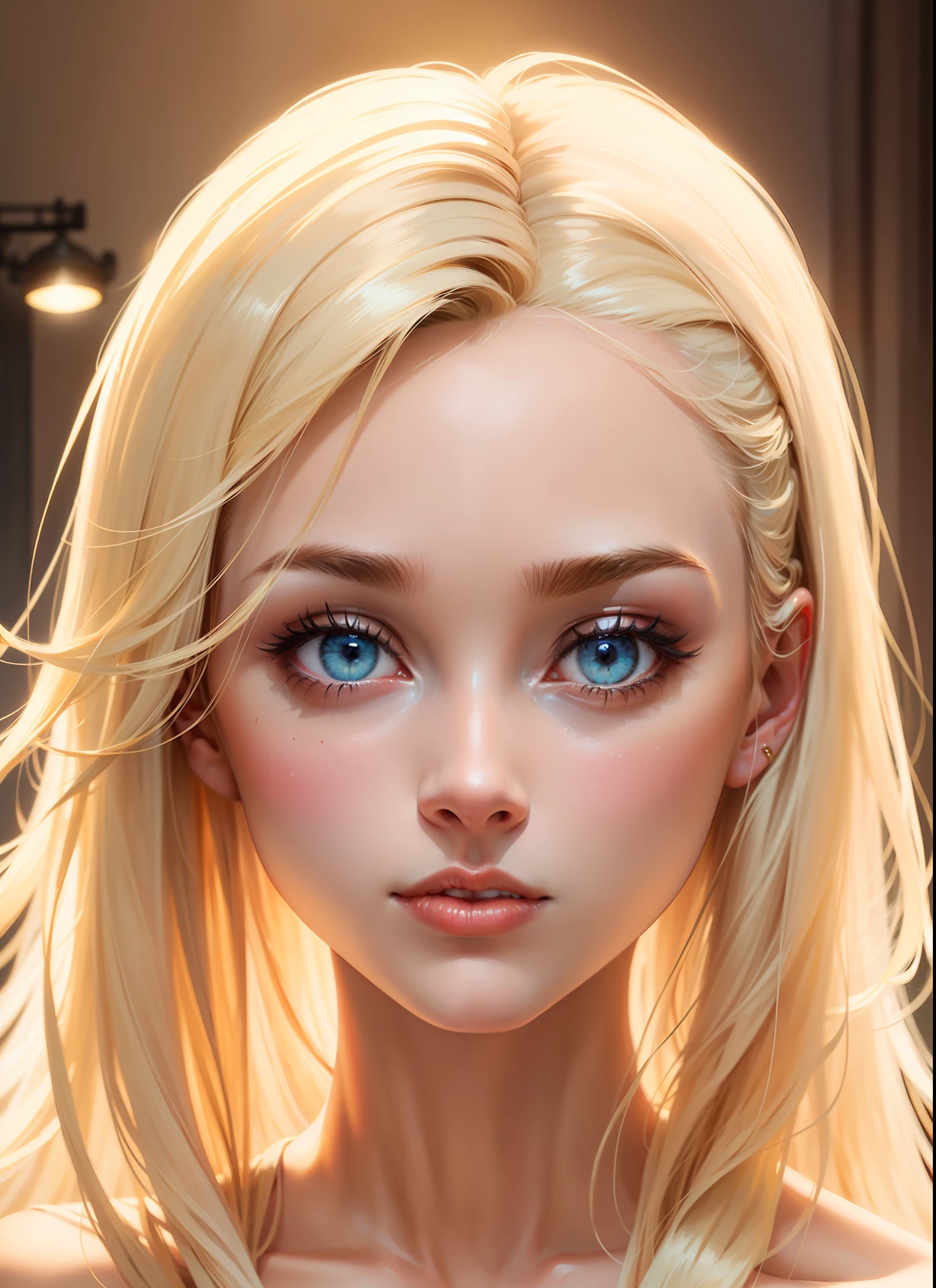 Blonde blue-eyed Caucasian woman、(((((straight-hair)))))、独奏、Well-formed face、detailed faces、Long well-proportioned limbs、(nuda:1.4)、Full body like、Plain white blurred background、spotlight、High Contrast、A masterpice、of the best quality、Top image quality、Cinema tick writing、photoRealstic