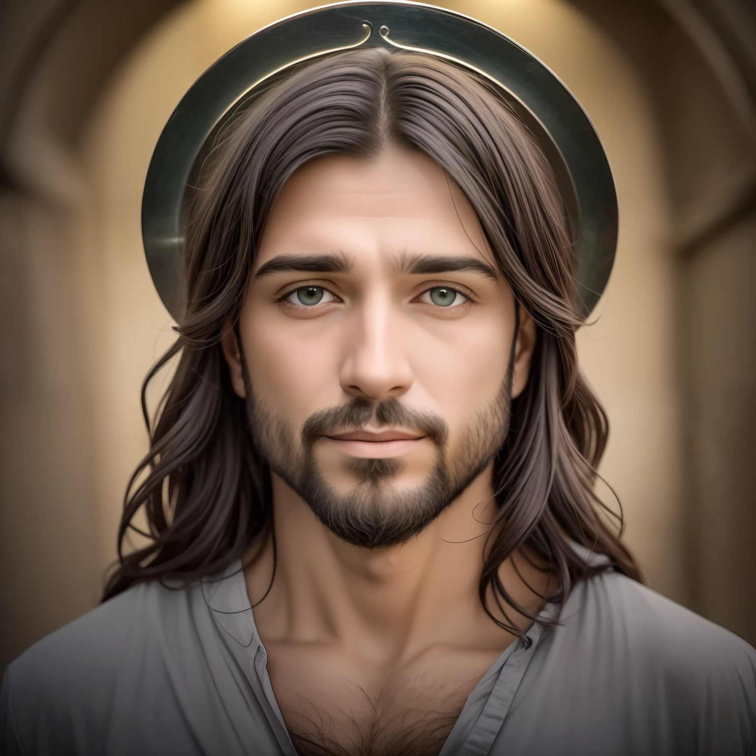 foto de Jesus, in biblical times Jesus, Ambiente claro fotorrealista, rosto completo olhando para mim, looking at the Camera, olhos tranquilos, rosto sereno e amoroso, olhar meigo, is with lights in the background, The whole environment is clear, Foto tirada por Busto