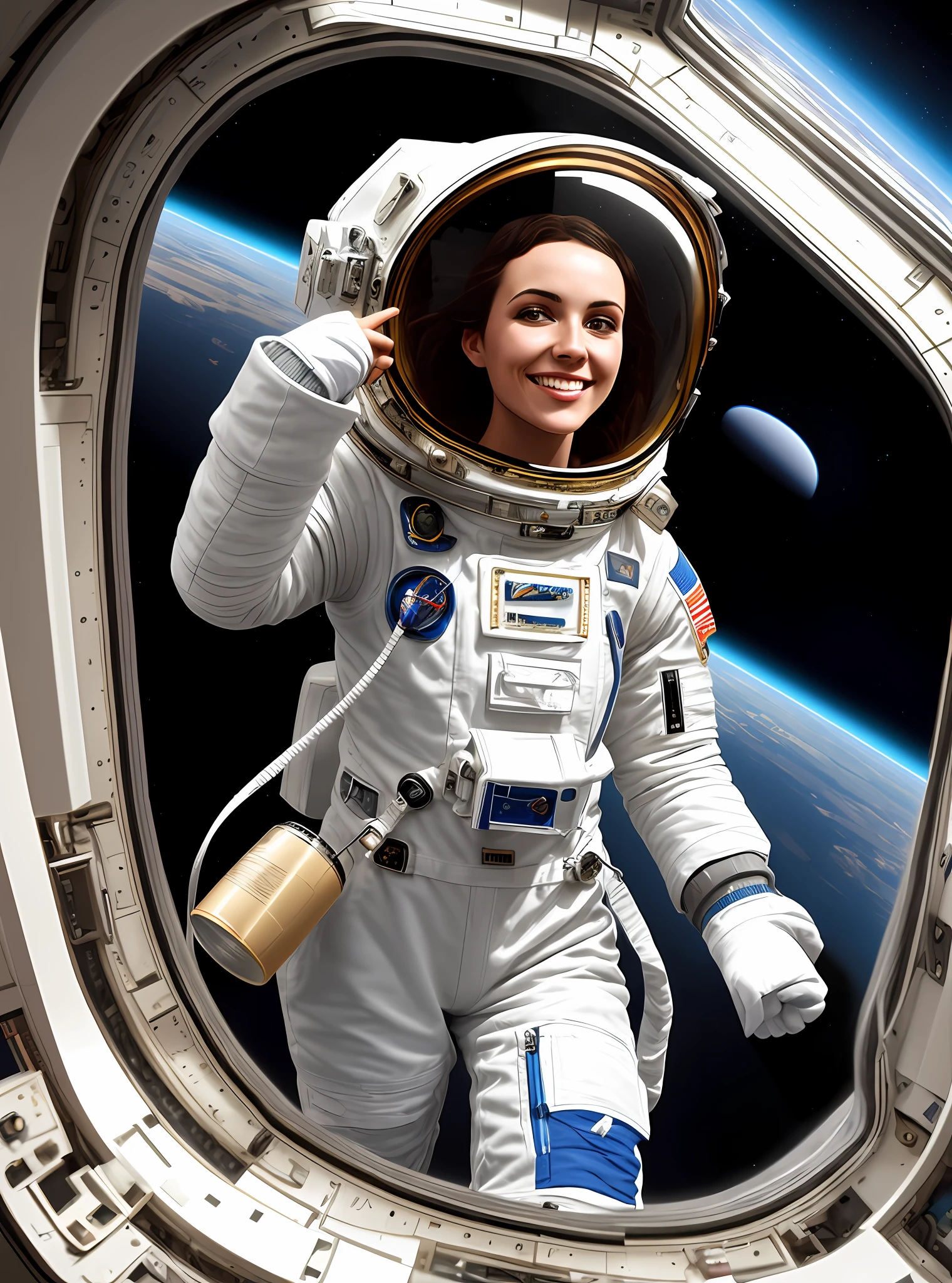 a female in space suit on space station, in weightlessness, holding a cup, photorealistic, intricate details, hdr, antialiased, 8k, syd mead, sharp details, vallejo, little smile