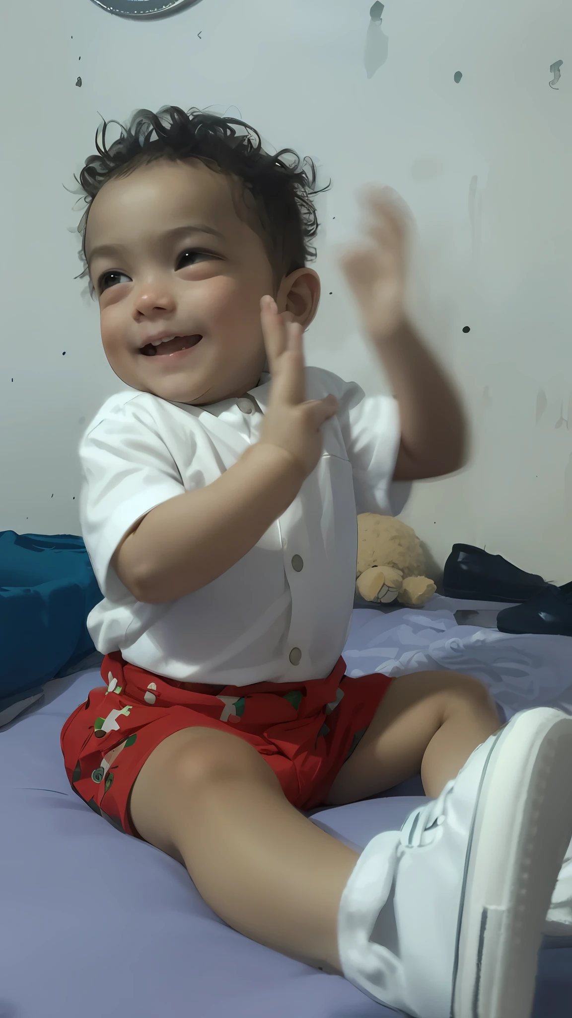 there is a baby sitting on a bed with a pair of shoes, 9 meses, noah gabriel, Where is the, Pose satisfeita, with a happy expression, noah,in an action pose, imagem de qualidade muito baixa, fazendo uma pose atrevida, he is very happy.