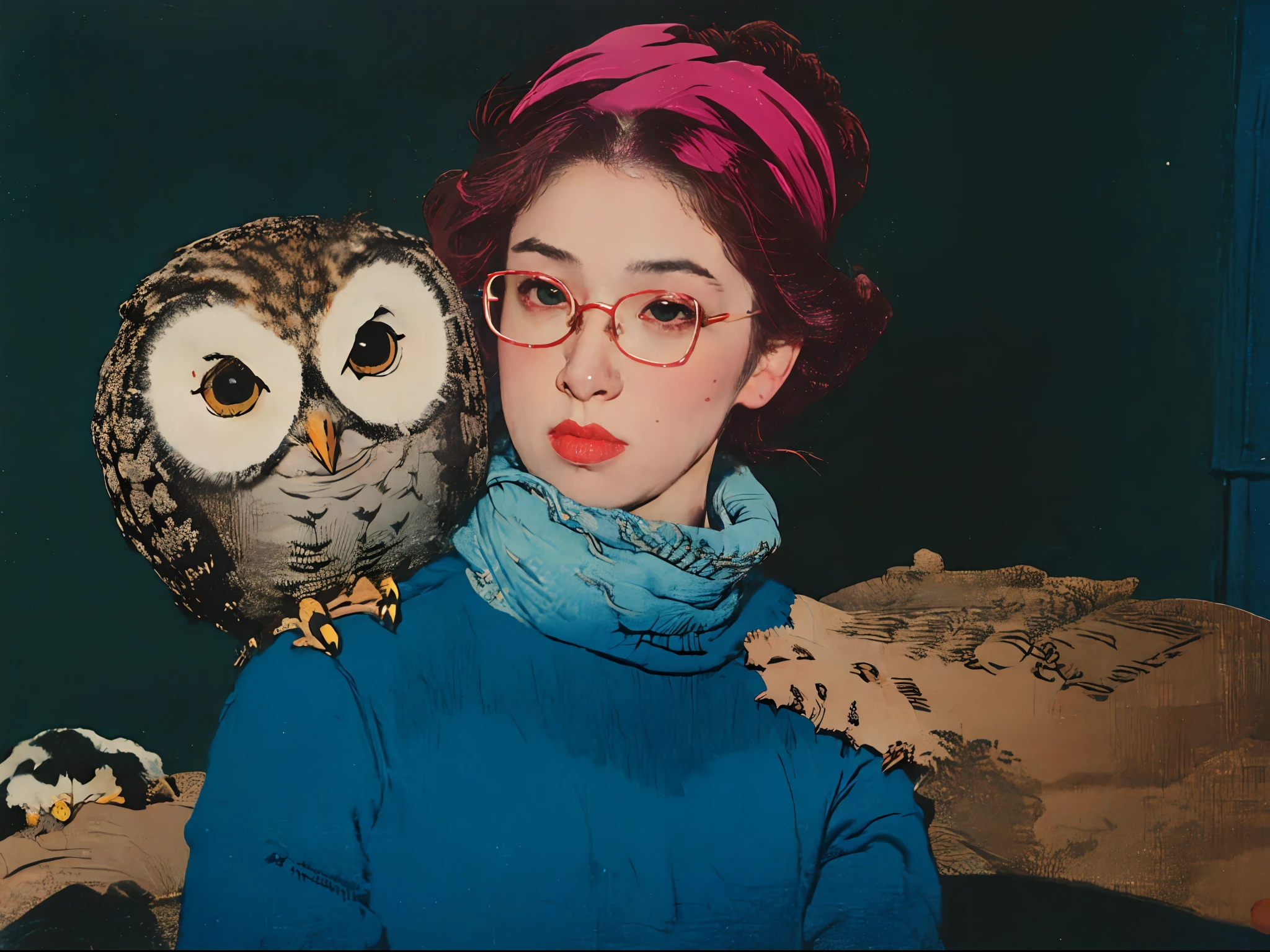 A girl with glasses, Realistic girl face, surrounded by many owl, barroco, anime aesthetic, Giant owl, owl fill the picture, black background, fisheye shot,artistic conception scene,yuko shimizu style, emily kame kngwarreye, mark catesby