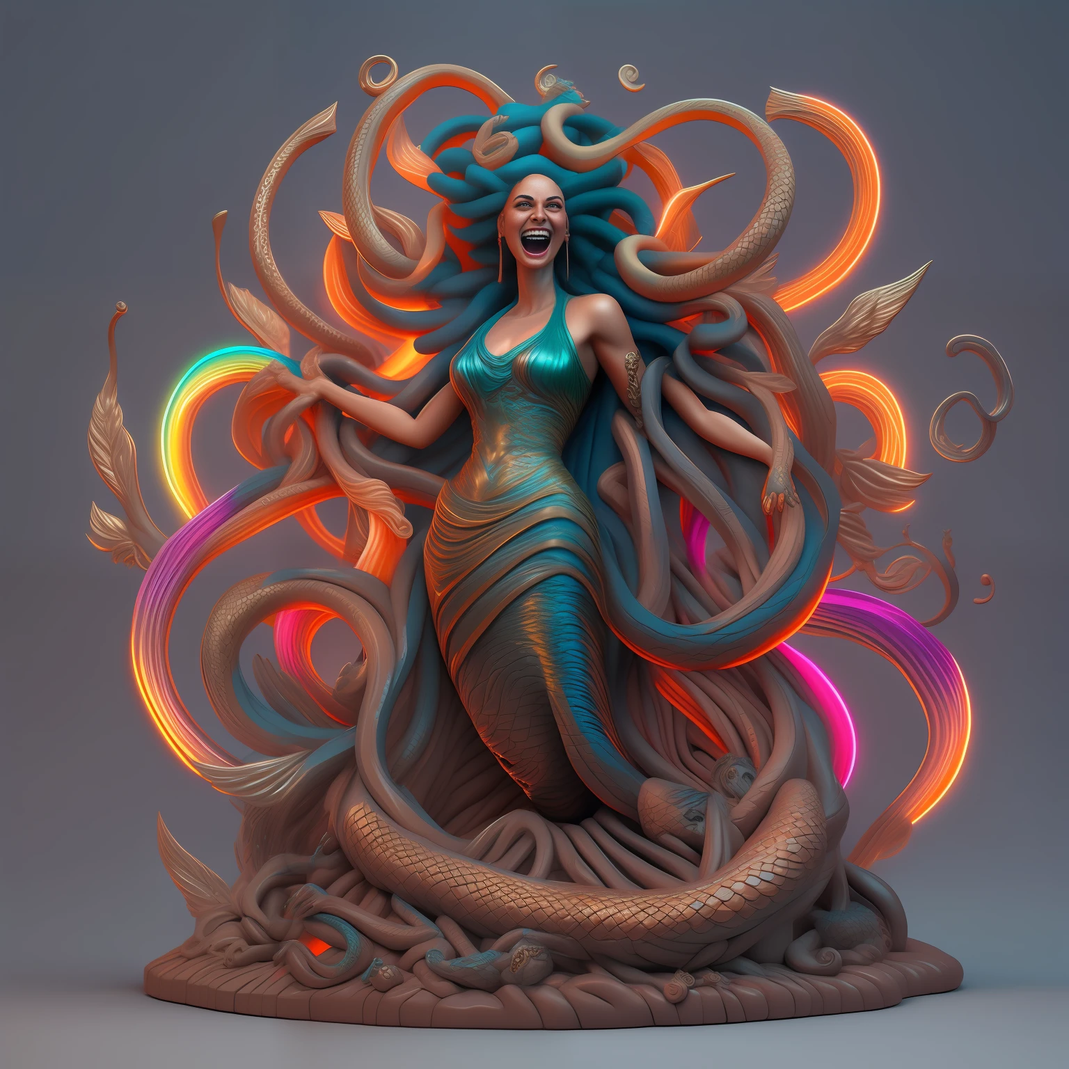 brightly colored statue of a medusa woman with snakes on her head, ancient neon medusa portrait, psychedelic laughing medusa, scary color art in 4 k, bright colors highly detailed, hyper realistic fantasy medusa, hyper detailed digital art, colored zbrush render, hyperdetailed fantasy character, a hyper-detailed demon woman, cosmic horror creature, hyperdetailed colourful
