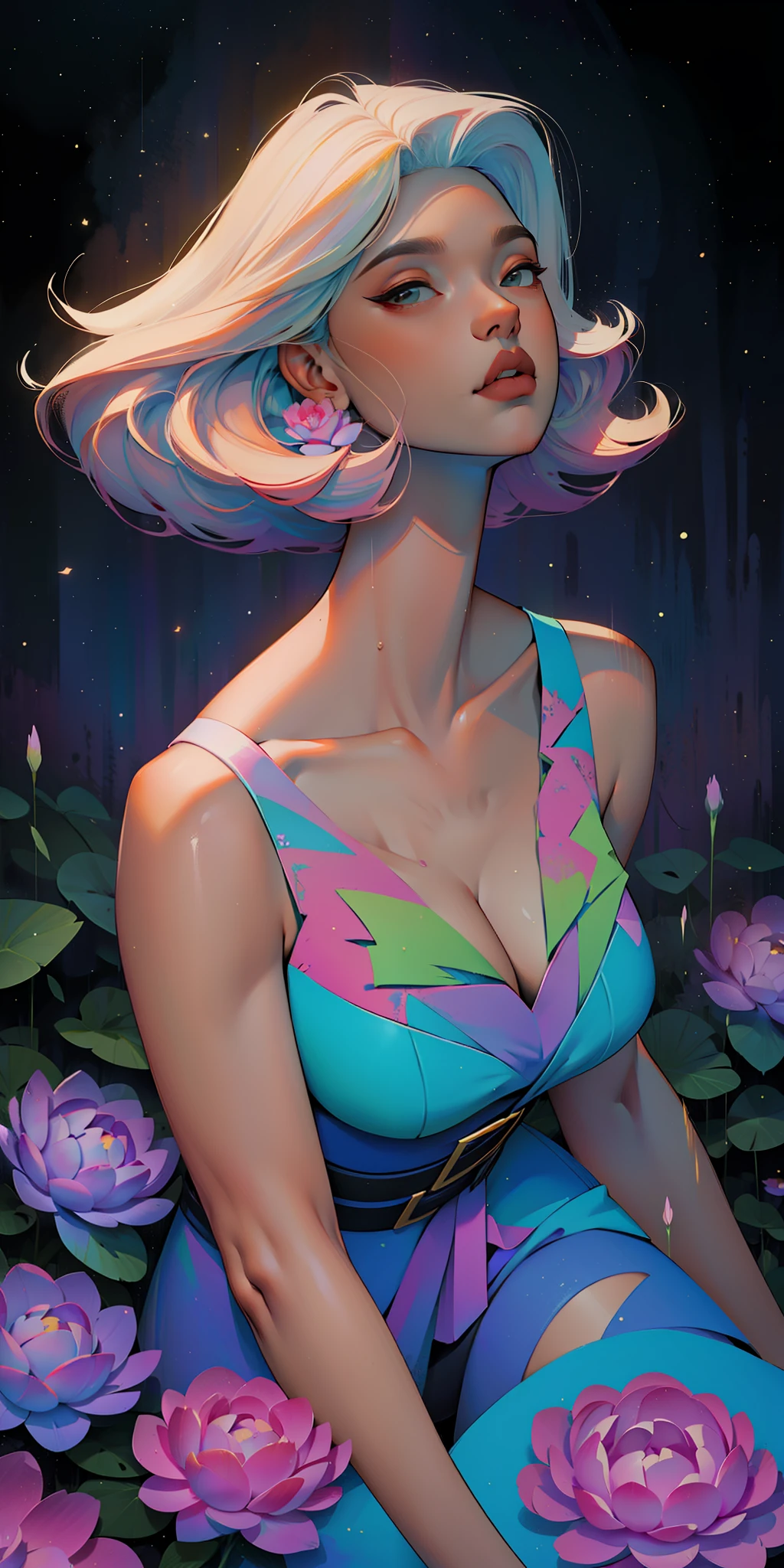 peony/lotus/cornflower/wheat/mallow/ chamomile/poppy/wildflowers,professional,abstract beauty,approaching perfection,dynamic,highly detailed,digital painting,artstation,concept art,smooth,sharp focus,illustration,art by Carne Griffiths Wadim Kashin,leonid afremov,kandinsky,psychedelic,watercolor,crystals foil,stylish,fantastic,gold,colorful neon, s face, waist-high, portrait of a, up close, near, close up, queen, a goddess, A glorious sunrise, aura, glow, multi-colored bright aurora borealis, Spectrum Rainbow,Colored feathers, In a chic, lavender white mint hair, pastel, mixed-language_SMS, (beautiful and clear background:1.2),, fantastic paintings , olhos altamente detalhados, crystals, outer space, galaxy, Gorgeous hair, Background Flora Peony, poppy, hydrangea, Plants. Loving. Love. ultra detailed hair, Best Quality, high qulity, high resolucion, detail enhancement, ((most beautiful image in the world)), Masterpiece, Best Quality, High Quality Detail Enhancement, ((most beautiful image ), Shiny hair, Ultra chic lace panties, Stampa Flores, art by stjepan sejic, art by j scott campbell, art by guillem march, art by citemer liu, 4k, high resolucion, comic book character, comic, high quality detailed, style of ::2.0 comix illustration style,tatoon style, high qulity, high resolucion, detail enhancement, 8K, HD, Best Quality, high qulity, high resolucion, detail enhancement, 8K, HDR, Sharp focus, Ultra Detailed, perfect lighting, Curvy Body, Lush big breasts, Curvy big hips, On Bed, sparks, Stars, The Cycle of the Stars
