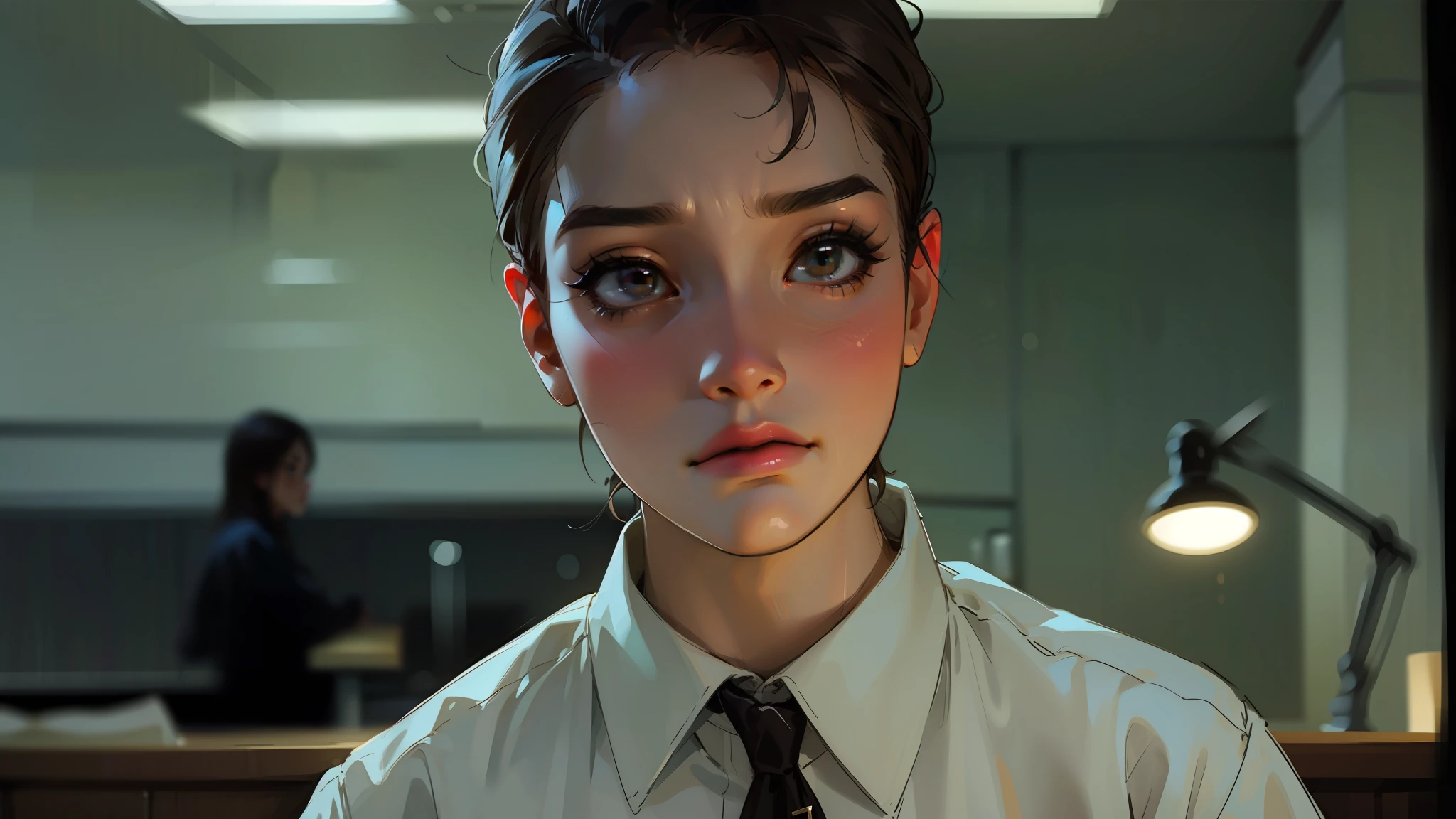 Anime style, Ridiculous, high resolution, super detailed), 1 girl, beautiful, solo, mature, (long messy dark hair laying on shoulders with side bang), highest detail, tired and miserable expression, looking forward, office background, dark hazel eyes, tired droopy eyes, long eyelashes, half lidded eyes, white dress shirt, black tie