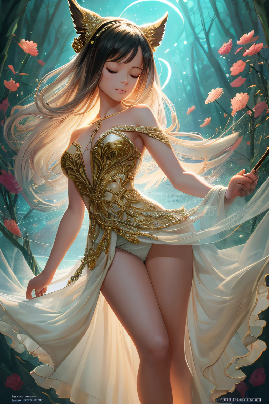 , , beautiful girl close-up, full body,, Noosphere,a beautiful latin woman, full body, looking at viewer, symmetric, eyes closed, slight smile, spirtual awakening, intricate details, cosmic, ethereal, mystical, complicated environment, brush stokes, illuminating lights, Greg Rutkowski, RHADS, Beeple, Makoto Shinkai, Lois van Baarle, Ilya Kuvshinov, Rossdraws, Tom Bagshaw, Alfonse Mucha, masterpiece, ultra high res, high quality,FS, albino girl perfect 10 black hair rarpunzel stands in a picturesque avatar forest, cheerful flirts in front of the camera, the body is graceful with small breasts, her legs are slender graceful, the girl looks amazing, the dress is transparent organza with intricate patterns, high-heeled shoes are elegant with gold patterns, sunlight falls from behind creating a light outline around the contours of the girl, in front soft fill light, photorealistic, concept art, (wow effect: 2), site 500px, ((hyper definition details: 2)) --auto --s2
