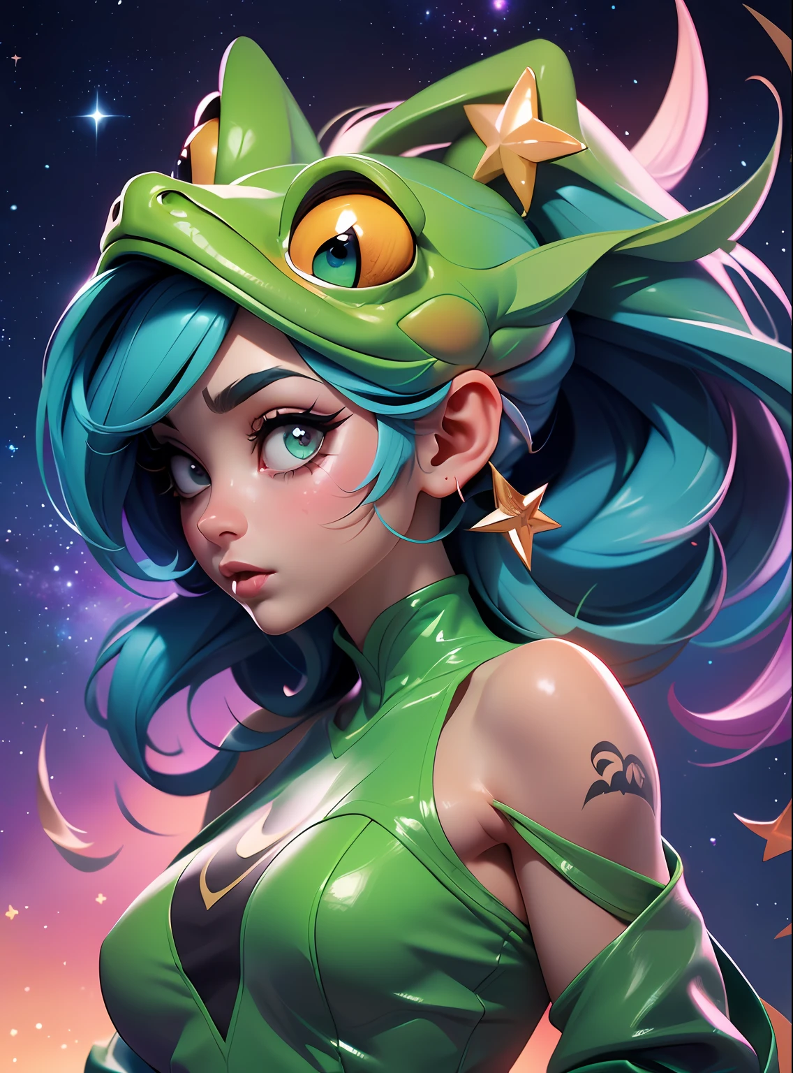 ((melhor qualidade)), ((Masterpiece)), ((Realistic)) and watercolor drawing of a frog girl with goth colors. pele verde. Ela tem ((cabelos estrelados)), veste um (micro-fio dental preto pequeno:motivo da estrela ) (Umbigo nu) , ((Beautiful and Aesthetic)), abdominais corporais em forma muscular, sexy, Peitos Inferiores, quente, (star filled sky background) (Plano de fundo claro:1.35), (particules ,Pirilampo, azul brilhante):1.3,