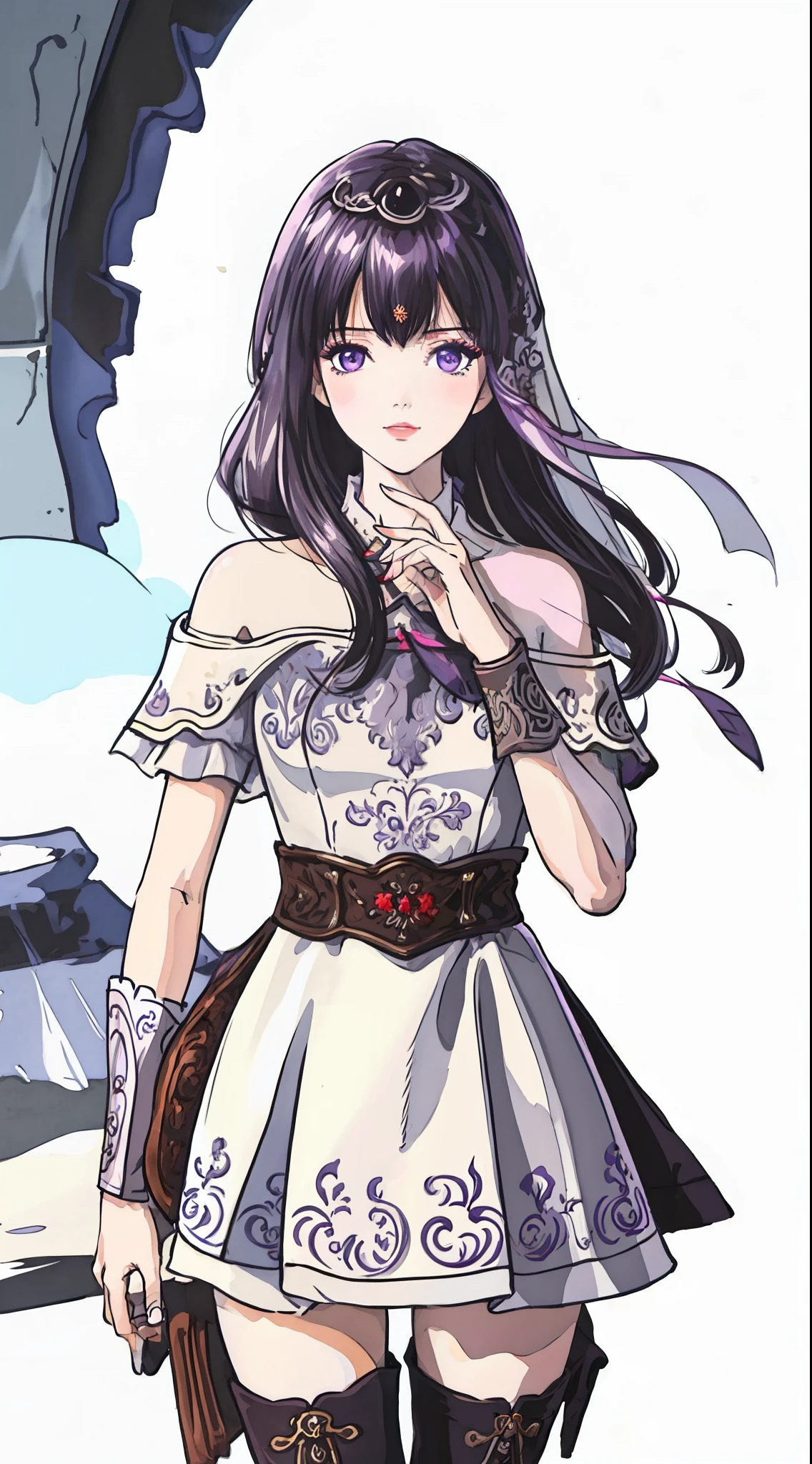 masterpiece, (best quality:1.4), (ultra highres:1.2),4K quality, (delicate illustration:1.4),(8k, RAW photo:1.2),1girl,veil, purple eyes,armor, dress, thighhighs, thigh boots,  cowboy shot,