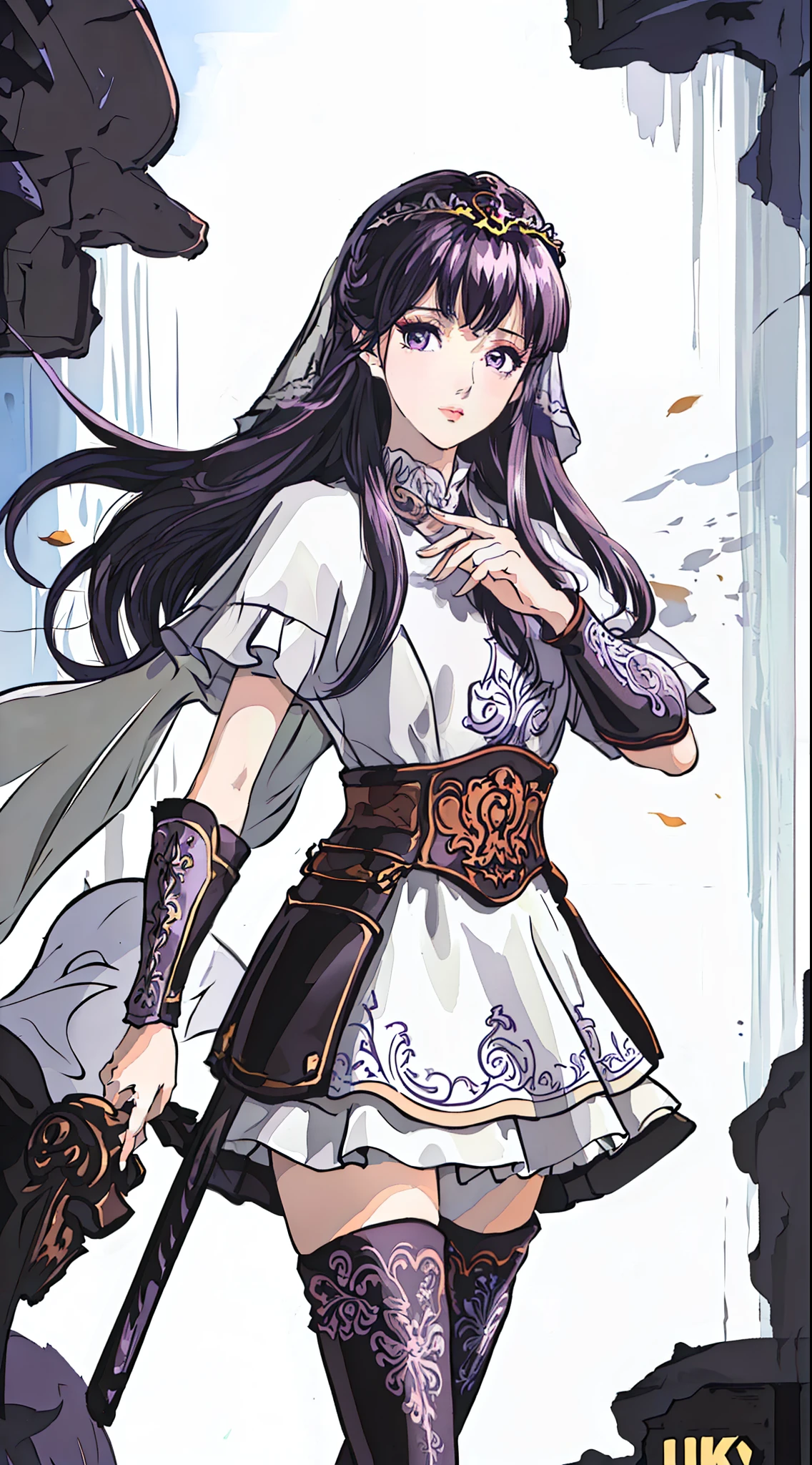 masterpiece, (best quality:1.4), (ultra highres:1.2),4K quality, (delicate illustration:1.4),(8k, RAW photo:1.2),1girl,veil, purple eyes,armor, dress, thighhighs, thigh boots,  cowboy shot,