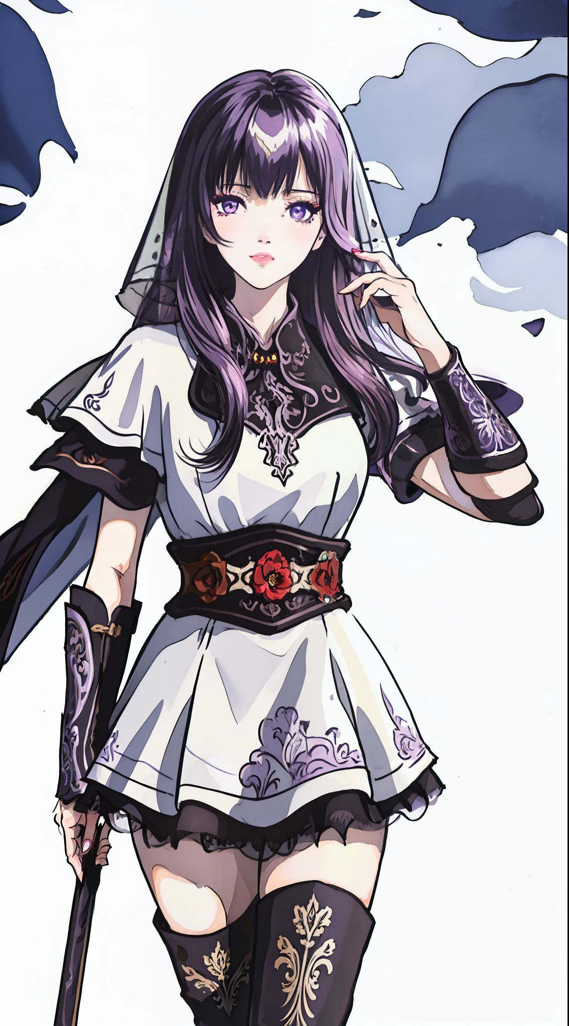 masterpiece, (best quality:1.4), (ultra highres:1.2),4K quality, (delicate illustration:1.4),(8k, RAW photo:1.2),1girl,veil, purple eyes,armor, dress, thighhighs, thigh boots,  cowboy shot,